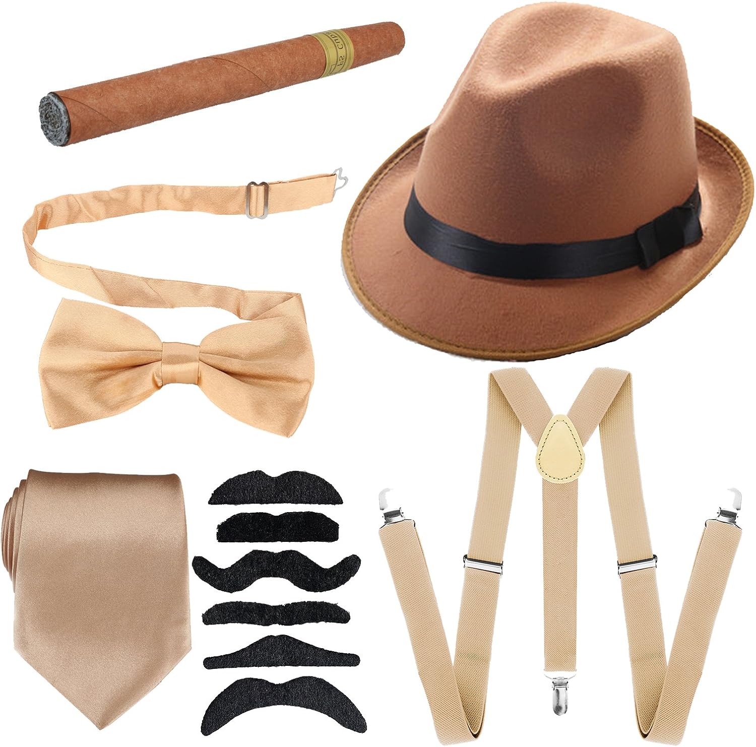 1920s Mens Accessories Hard Felt Panama Hat, Y-Back Suspenders & Pre Tied Bow Tie, Tie,Toy Cigar & Fake Mustache
