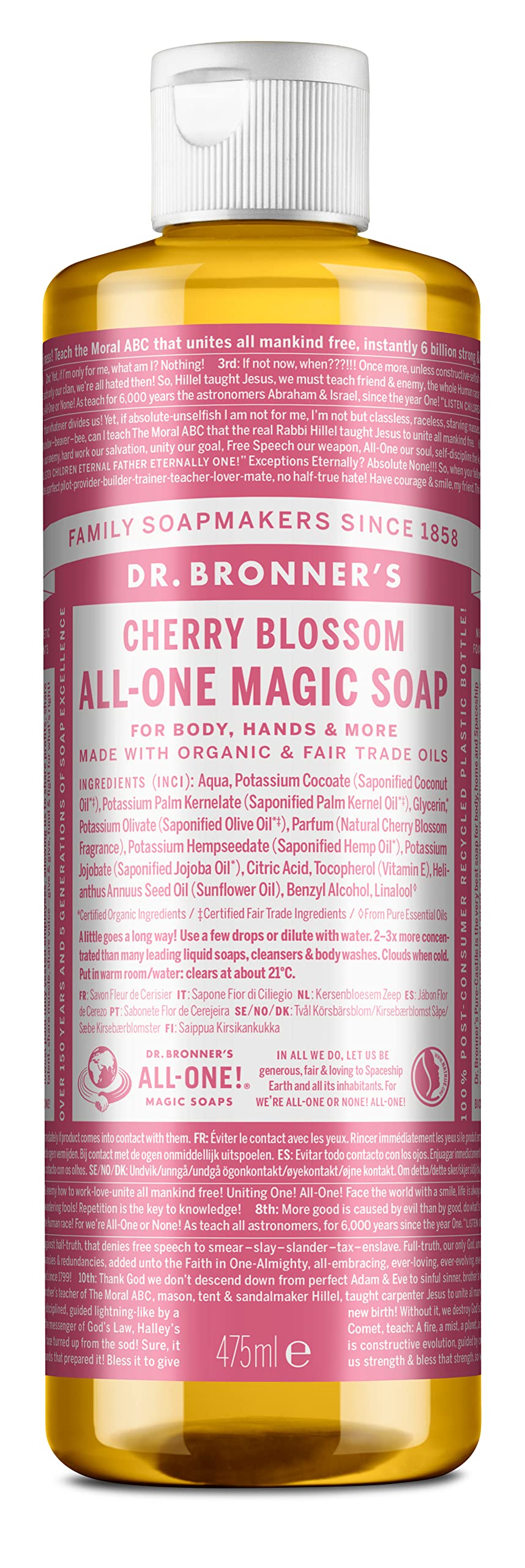 Dr Bronner's 18-in-1 Peppermint Pure-Castile Liquid Soap, Made with Organic Oils, Used for Face, Body, Hair, Laundry, Pets and Dishes, Certified Fair Trade & Vegan Friendly, 473ml Recycled Bottle — view 16