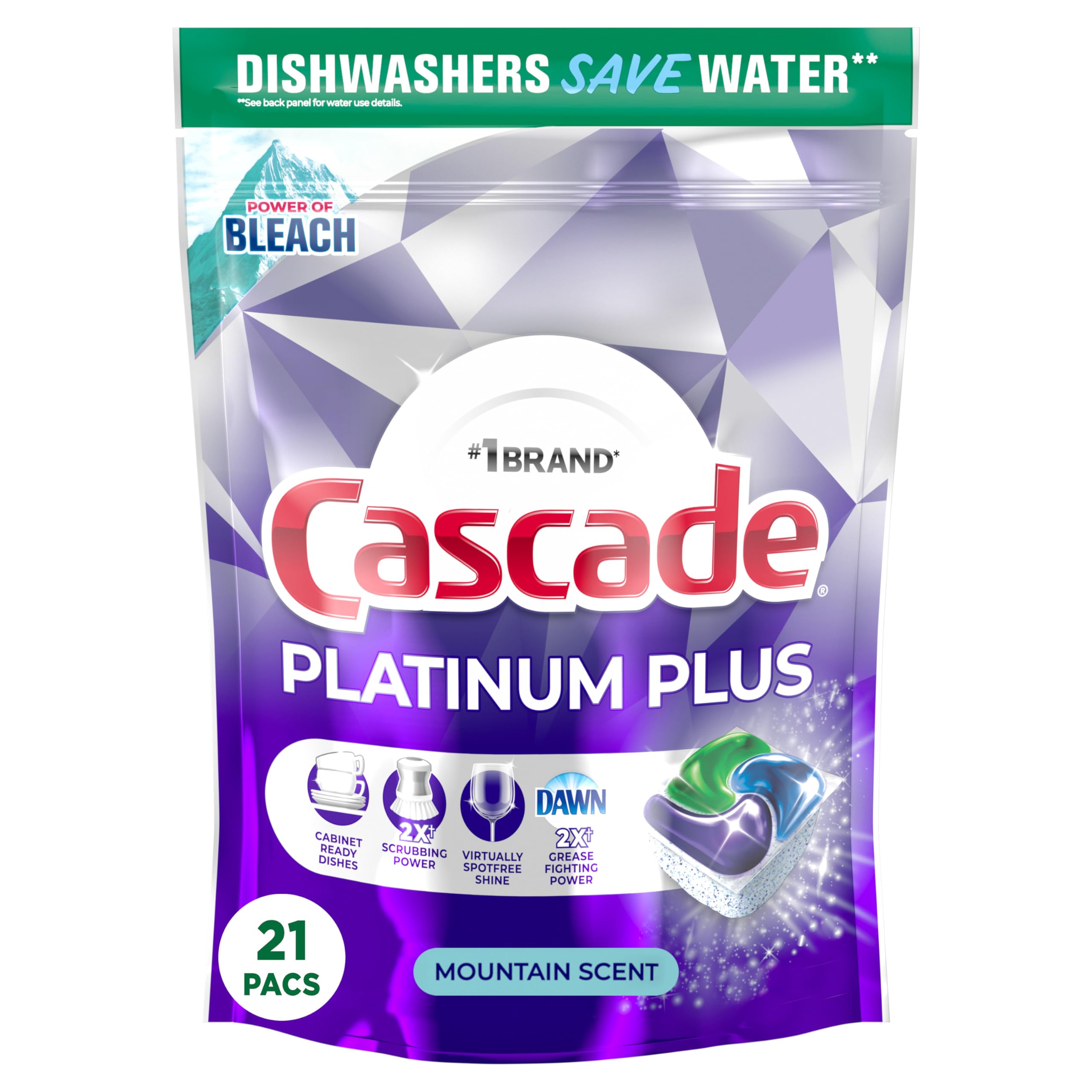 Platinum Plus Dishwasher Pods, Dish Detergent ActionPacs, Power of Bleach, 21 Count