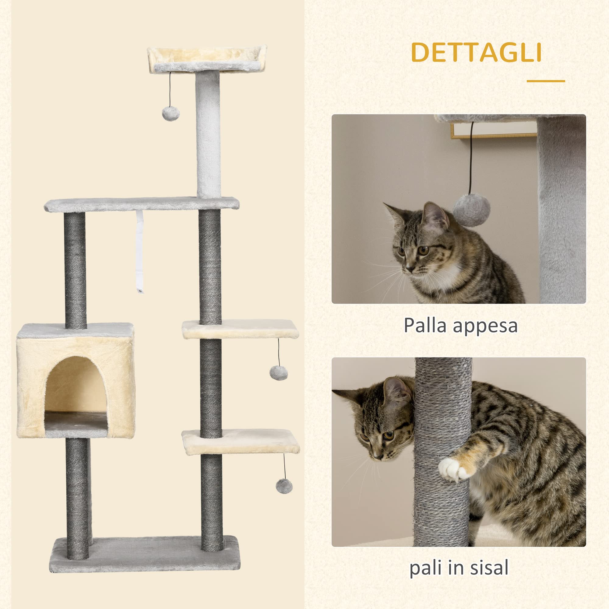 PawHut Tiragraffi per Gatti Alto 156cm con Lettino e Casetta Grigio e Beige | Pali Tiragraffi in Sisal, Legno e Peluche