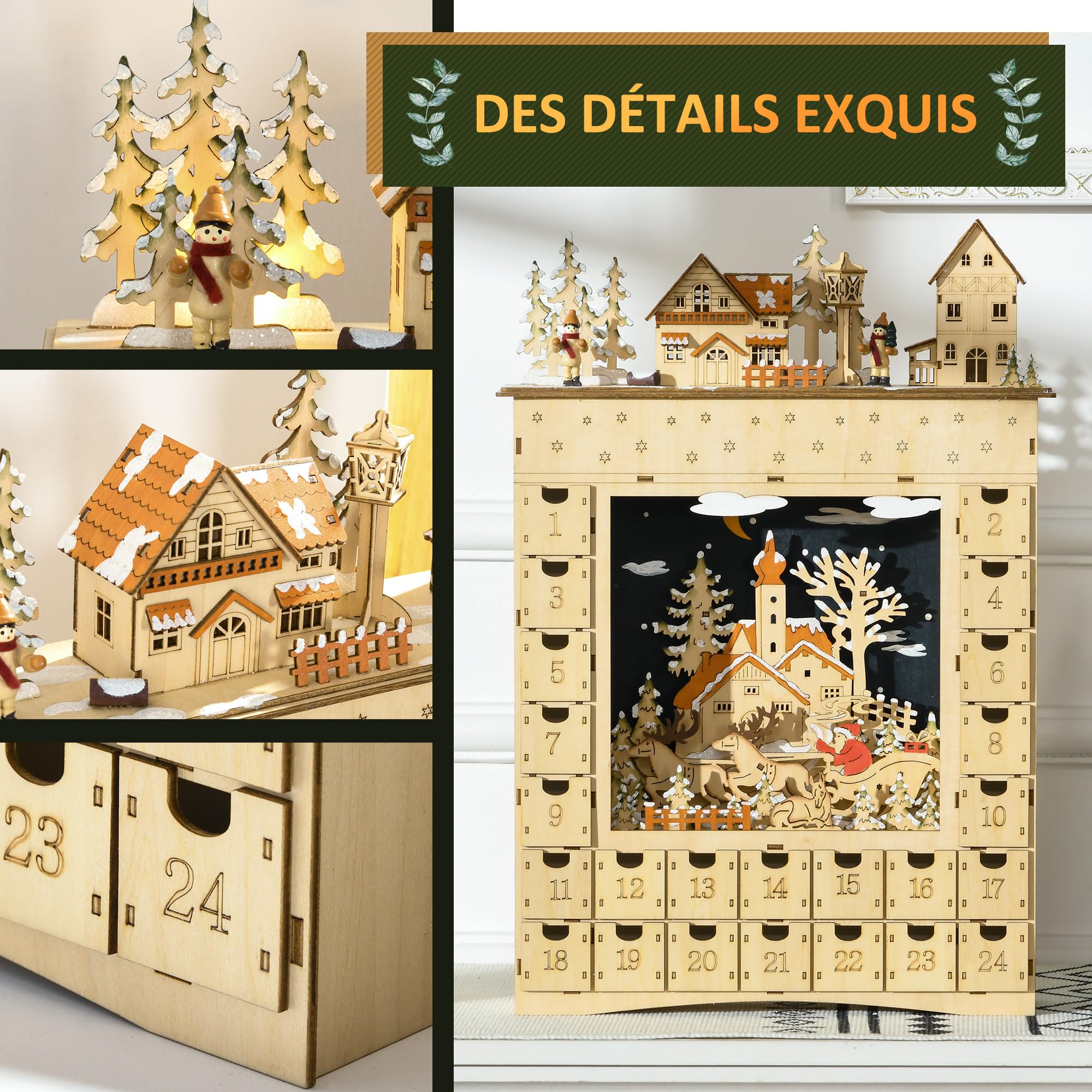 HOMCOM Calendario dell'Avvento LED a forma di villaggio innevato con 24 cassetti decorazione luminosa natalizia - beige