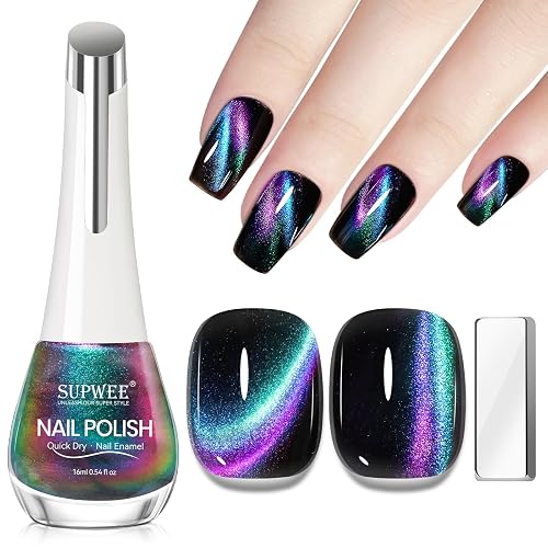 SUPWEE Cat Eye Nail Polish Non Gel with Magnet Quick Dry Cateye Magnetic Nail Polish for Fingernail Air Drying Fast Lacquer Manicure Gift For Women Girls 16ml, 0.54fl oz - Green to Purple