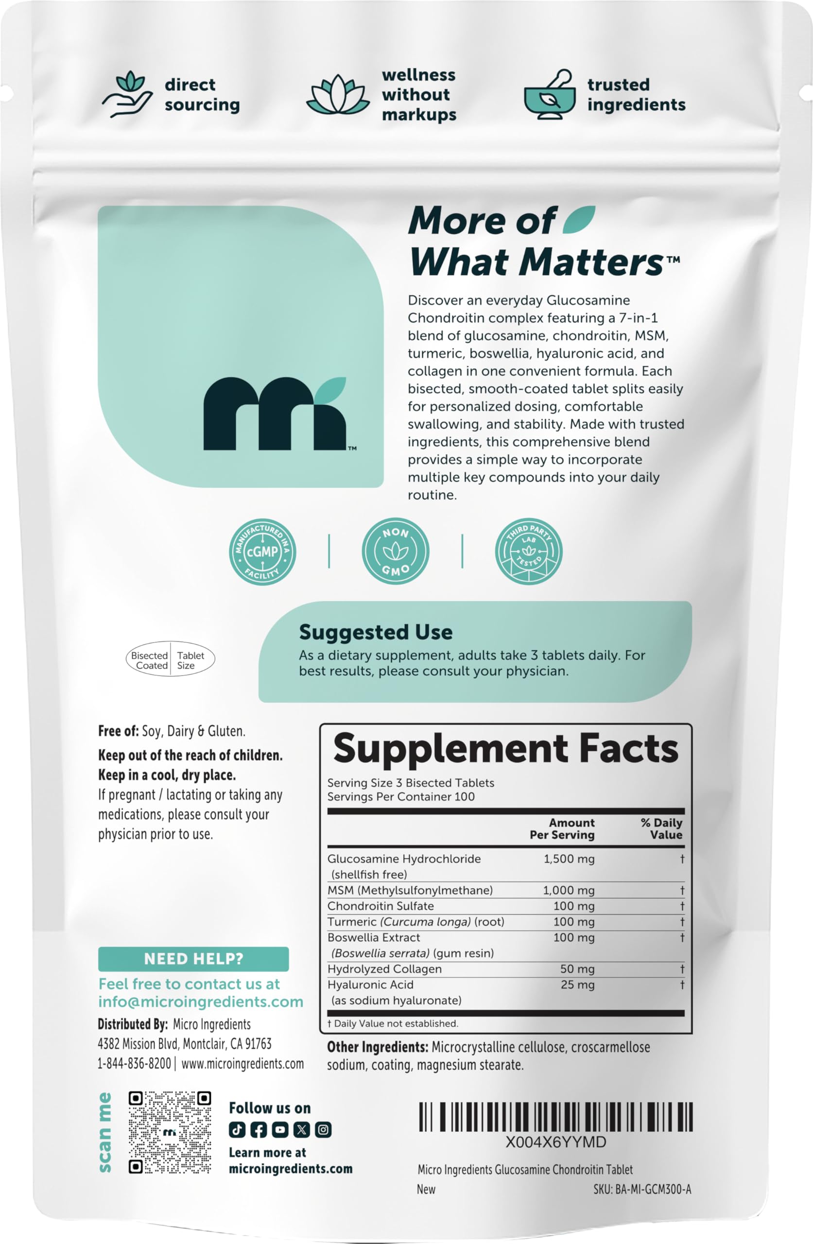 Micro Ingredients Glucosamine Chondroitin MSM and Turmeric Supplement, 300 Bisected Tablets | Joint Supplements for Men & Women* | 7-in-1 with Boswellia, Hyaluronic Acid, & Collagen Complex — Amazon image 7
