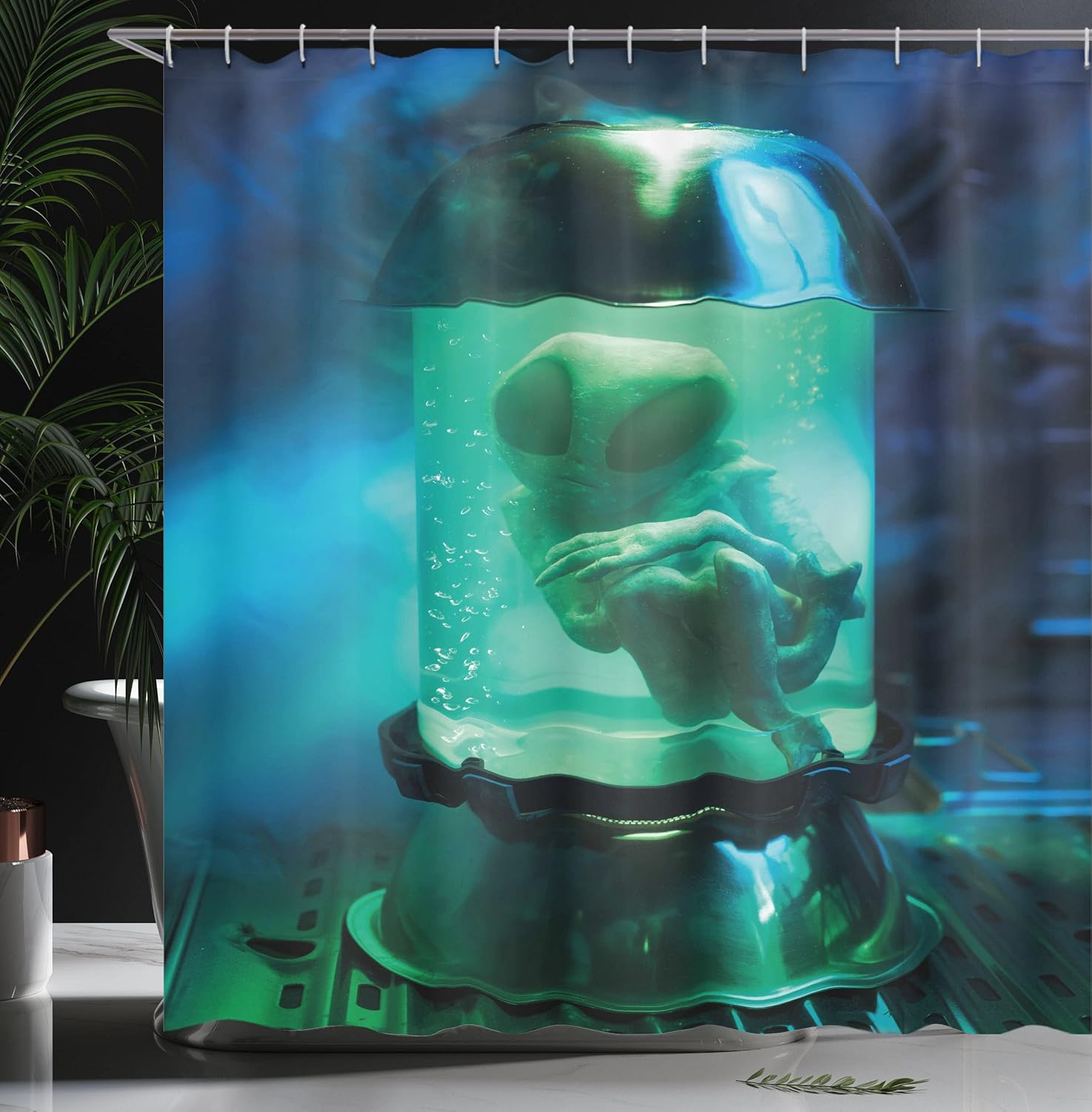Ambesonne Outer Space Shower Curtain, Martian UFO Alien in a Aquarium Like Tube Art Image, Cloth Fabric Bathroom Decor Set with Hooks, 69" W x 70" L, Pale Green Sky Blue