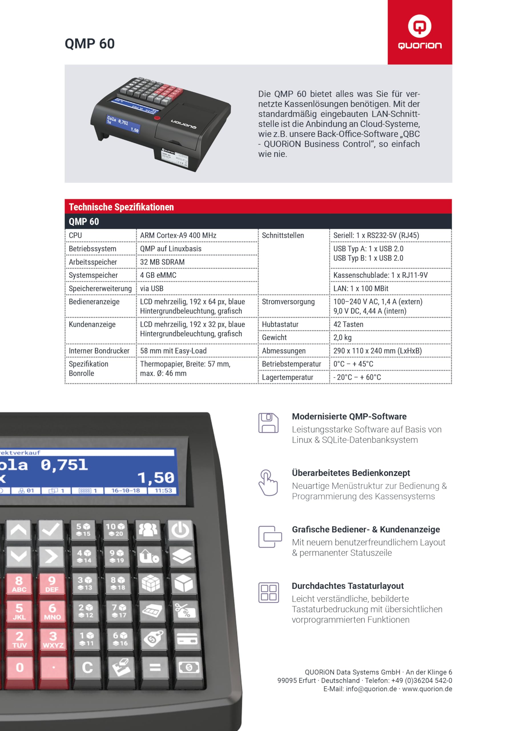 Kassensystem QMP 60 Registrierkasse inklusive TSE USB-Stick mit 3 Jahren Laufzeit, progr. Tastatur und Software für Handel, Kiosk, Friseur, Bäckereien