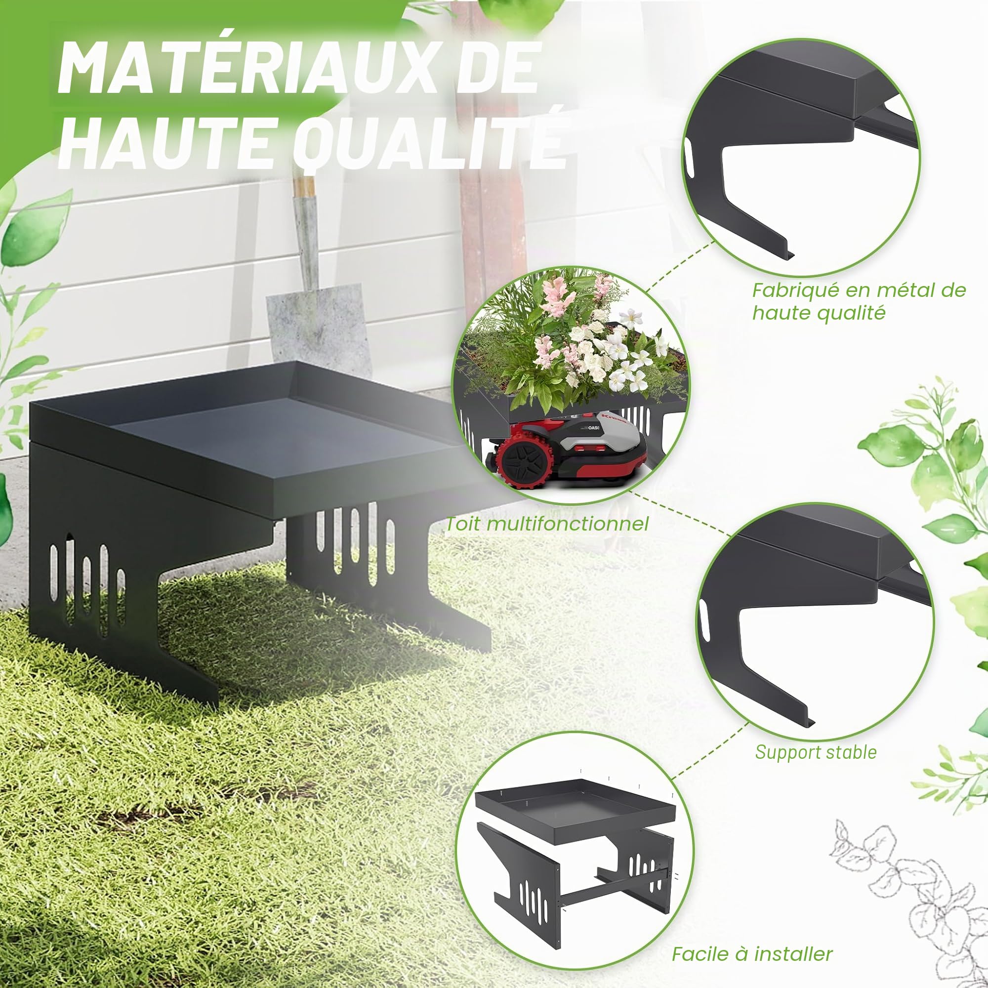 FIVMEN Abri de protection pour robot tondeuse à gazon, garage, toit, en métal, 70 x 60 x 43 cm
