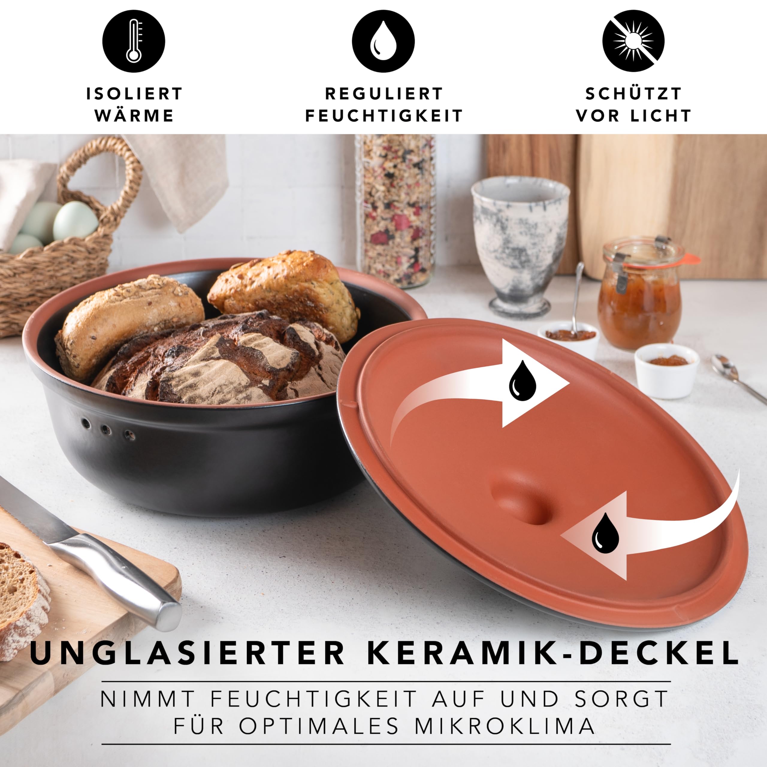 Römertopf Portapane Rotondo Ø 30 cm in Ceramica – Contenitore per Pane Traspirante, Mantiene il Pane Fresco e Croccante più a Lungo, Nero, dal 1967