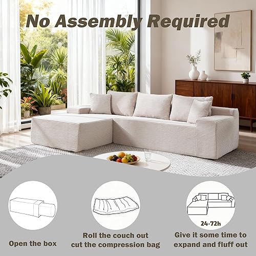 Miniatura 8 de Sofá sin huesos con diván, sofá nube en forma de L con almohadas de cintura, cómodo sofá modular de pana para sala de estar y dormitorio, no