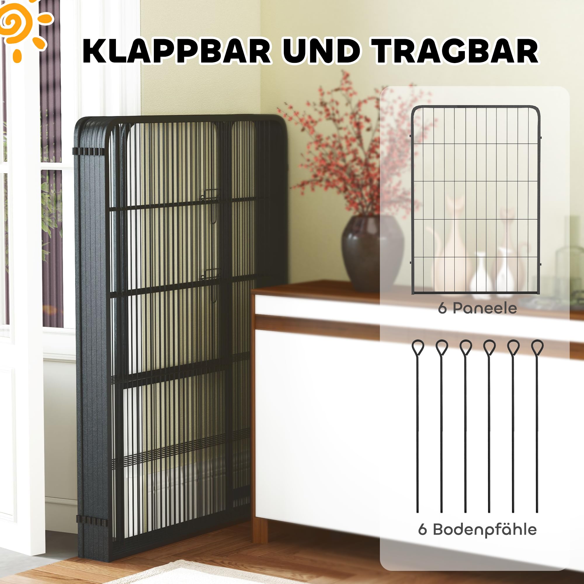 PawHut Welpenlaufstall Welpenauslauf mit Tür Faltbar 6-teilig 100 cm hoch | Freilaufgehege, Verriegelung, Hundelaufstall mit Erdspießen, Laufstall für Hunde Kleintiere, für drinnen und draußen