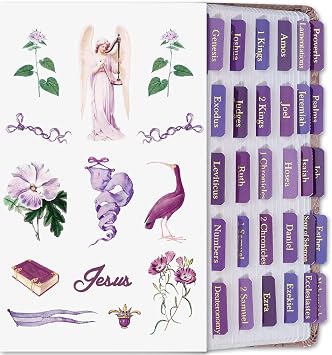 XKDOUS Purple Bible Tabs with Stickers, Laminated Gold Foil Large Print Bible Tabs for Women Men, 66 Bible Book Tabs for Old and New Testament, 9 Blank Tabs for Study Bible Hyacinth Purple