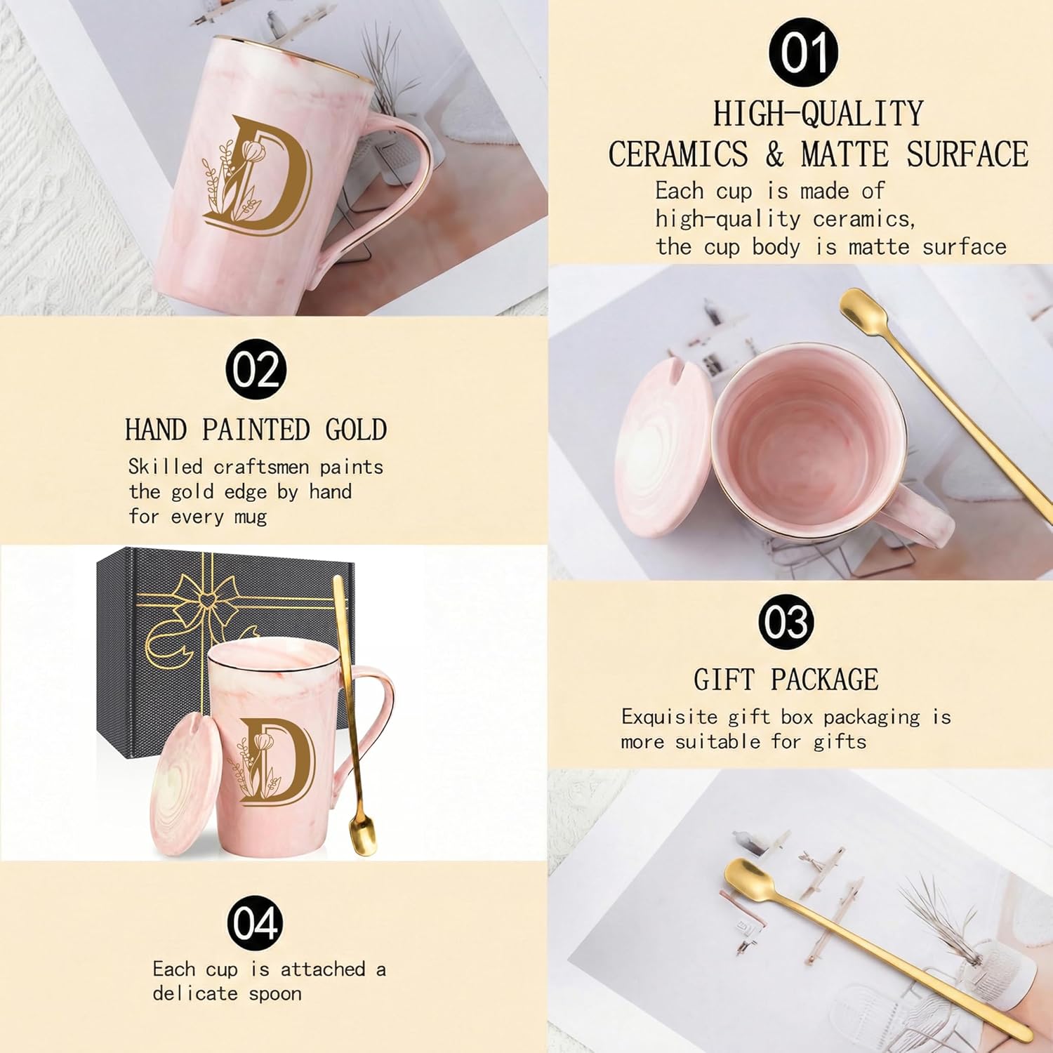 Letter D Personalized Initial Mugs, Letter D Personalized Coffee Mug, Novelty Birthday Mother's day Gifts for Mom Grandma Her Women, Bridal Shower Gifts, 14 OZ Pink with Lid Spoon Gift Box - Image 5