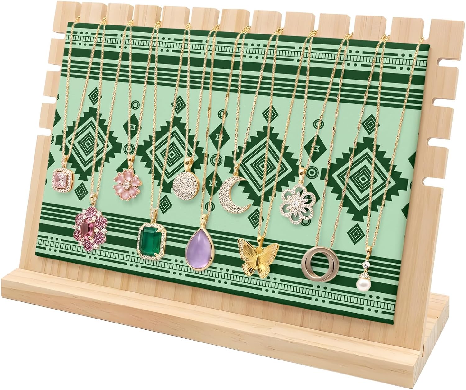 Necklace Display Stand Green Bohemian Wood Jewelry Displays Stands with PU Panel Rack Organizer Boho Rhombus Lines Stripes Wooden Necklace Display Holder for Vendors Shop Show Home Tabletop Storage