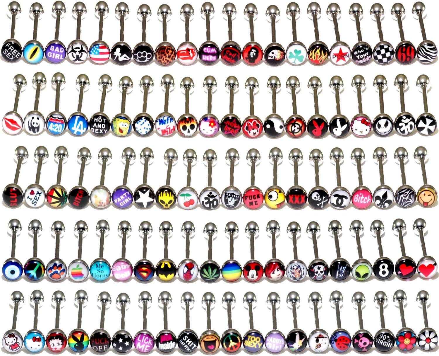 30 Surgical Steel Metal Tongue Rings Barbells Funny Nasty Wordings Picture Logo Signs 14G ~READ DESCRIPTION~