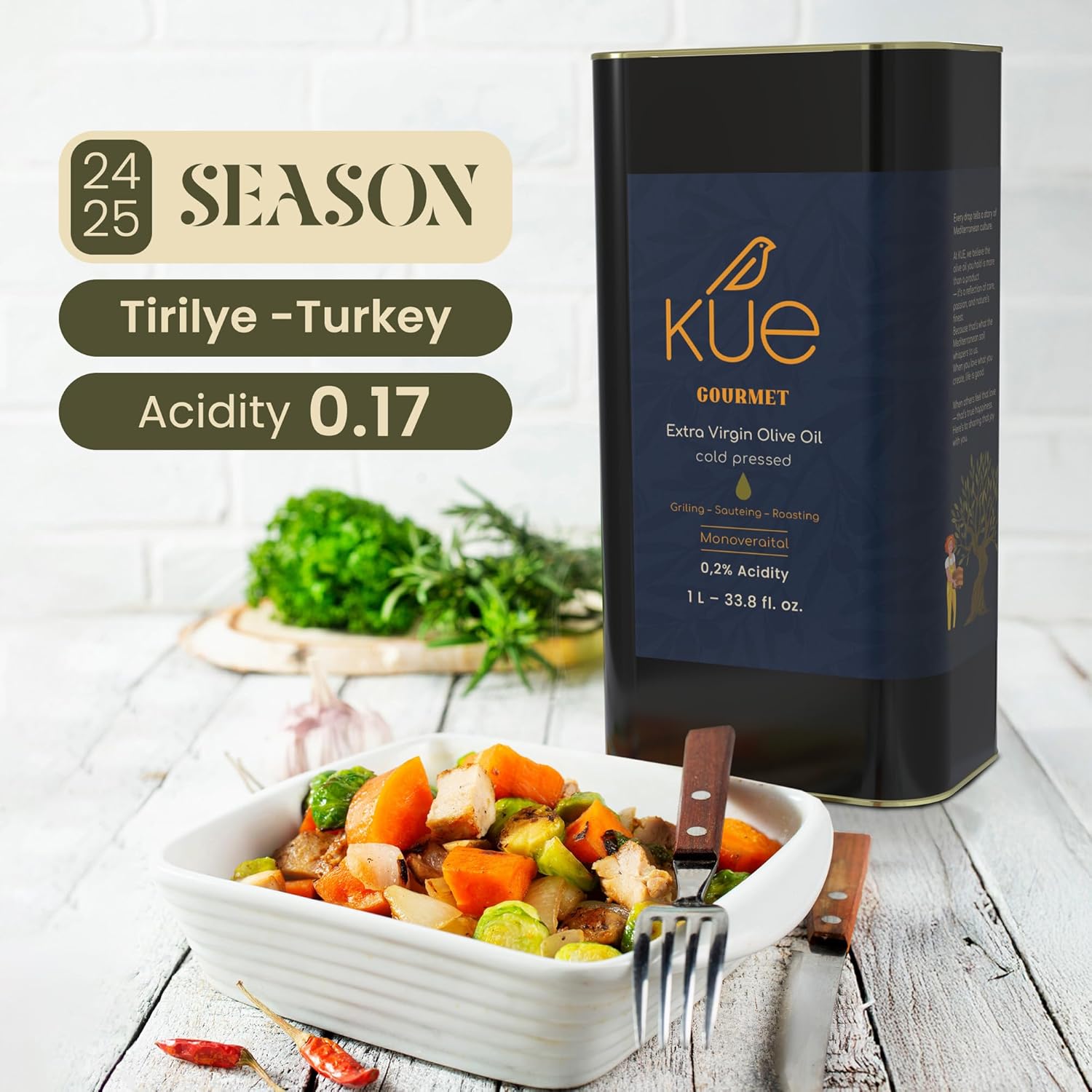 Kue Gourmet Extra Virgin Olive Oil Cold Pressed - Mediterranean Olive Oil - EVOO - Aceite de Oliva Extra Virgen - Monovarietal - Olive Oil Extra Virgin For Cooking - Oil Olive Tin - 33.8 Fl. Oz. - Image 5