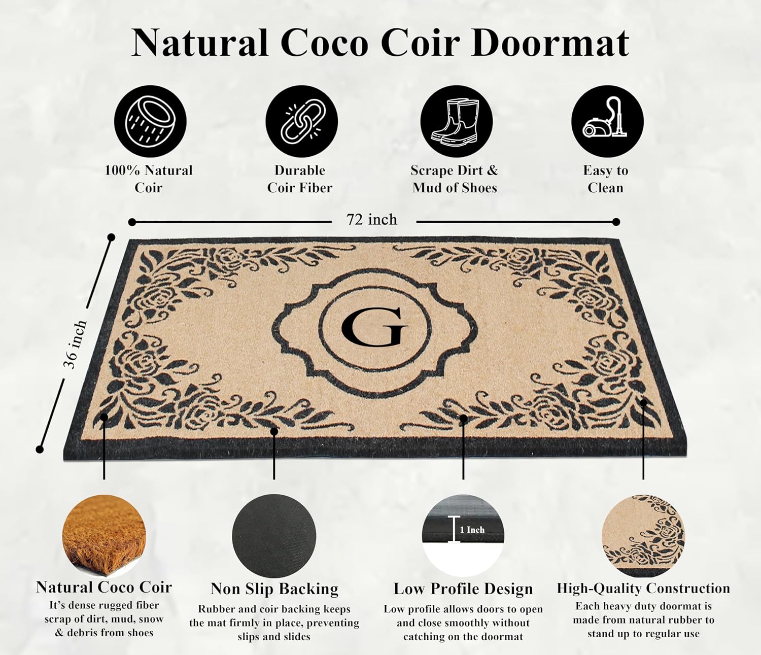 A1HC Natural Coir Monogrammed Front Door Mat, 36x72 Inch, Heavy Duty Outside Doormat, Anti-Shed Treated, Low Profile, Durable & Easy Clean Entrance Entry Mats - G