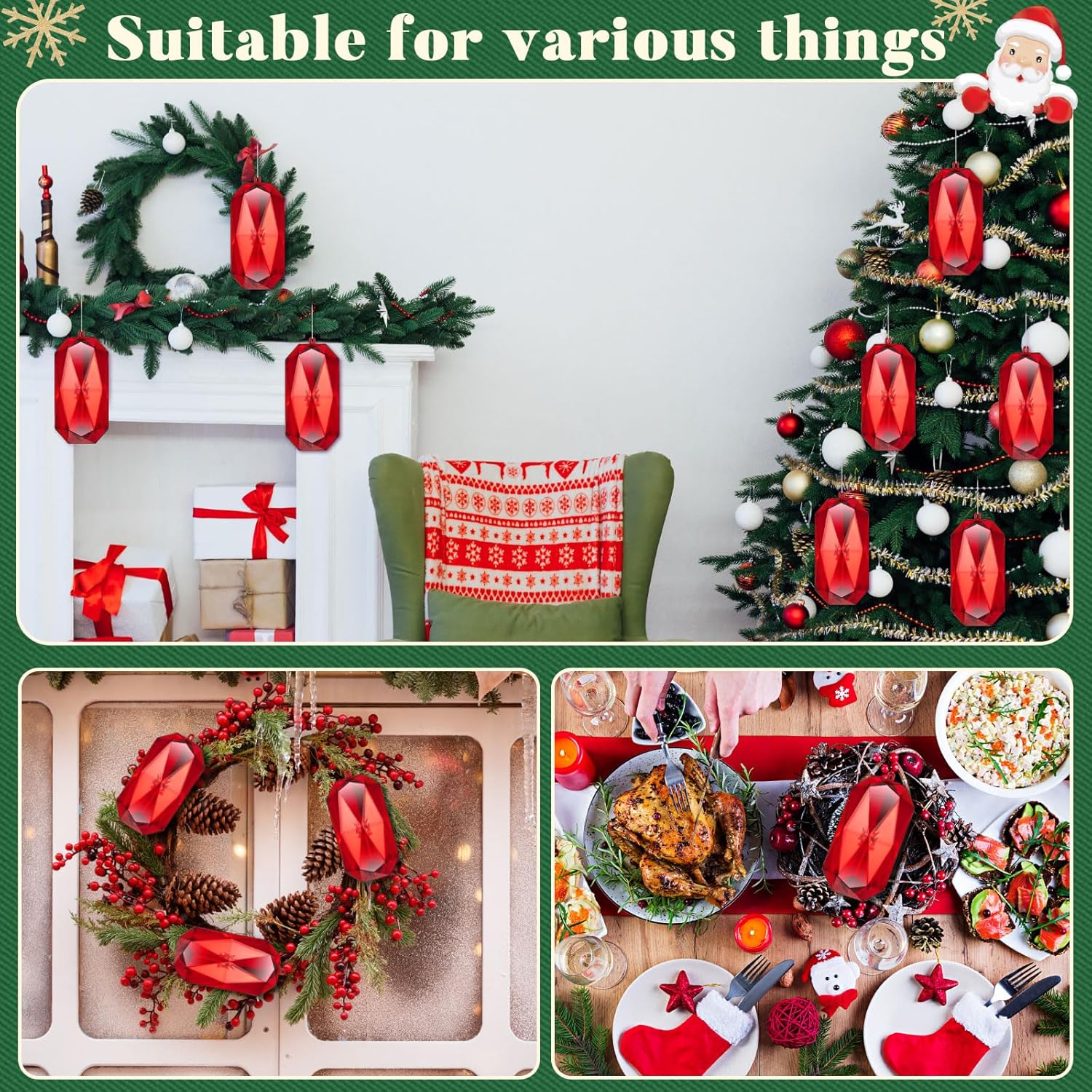 Syhood 8.7 Inch Jumbo Jewel Ornament Large Jewel Ornaments for Christmas Tree Acrylic Glitter Christmas Gem Hanging Decorations for Xmas Wedding Holiday Party Decor(Red, Rhombus) - Image 6