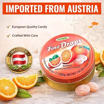Fine Drops Fruit Hard Candy Orange Flavor Imported From Austria Pack Of 3