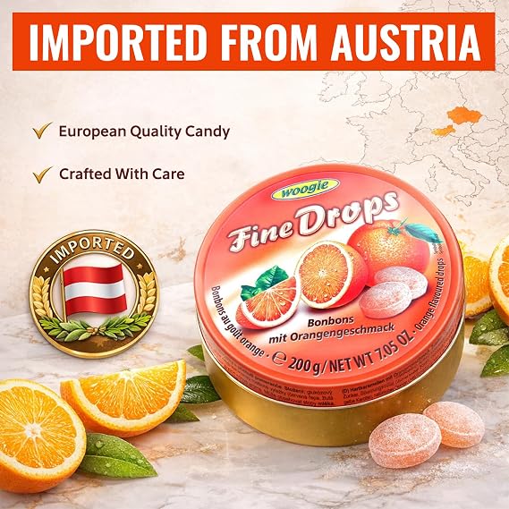 Fine Drops Fruit Hard Candy Orange Flavor Imported From Austria Pack Of 3