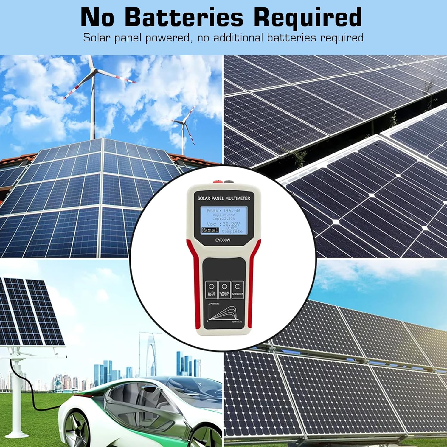 800W Solar Panel Tester, MPPT Photovoltaic Panel Multimeter Monitor MPPT Watt Voltage Amp with Clear Backlit LCD Display, Solar Power Tester with MC4 Connector Backlit and Alligator Clip Included