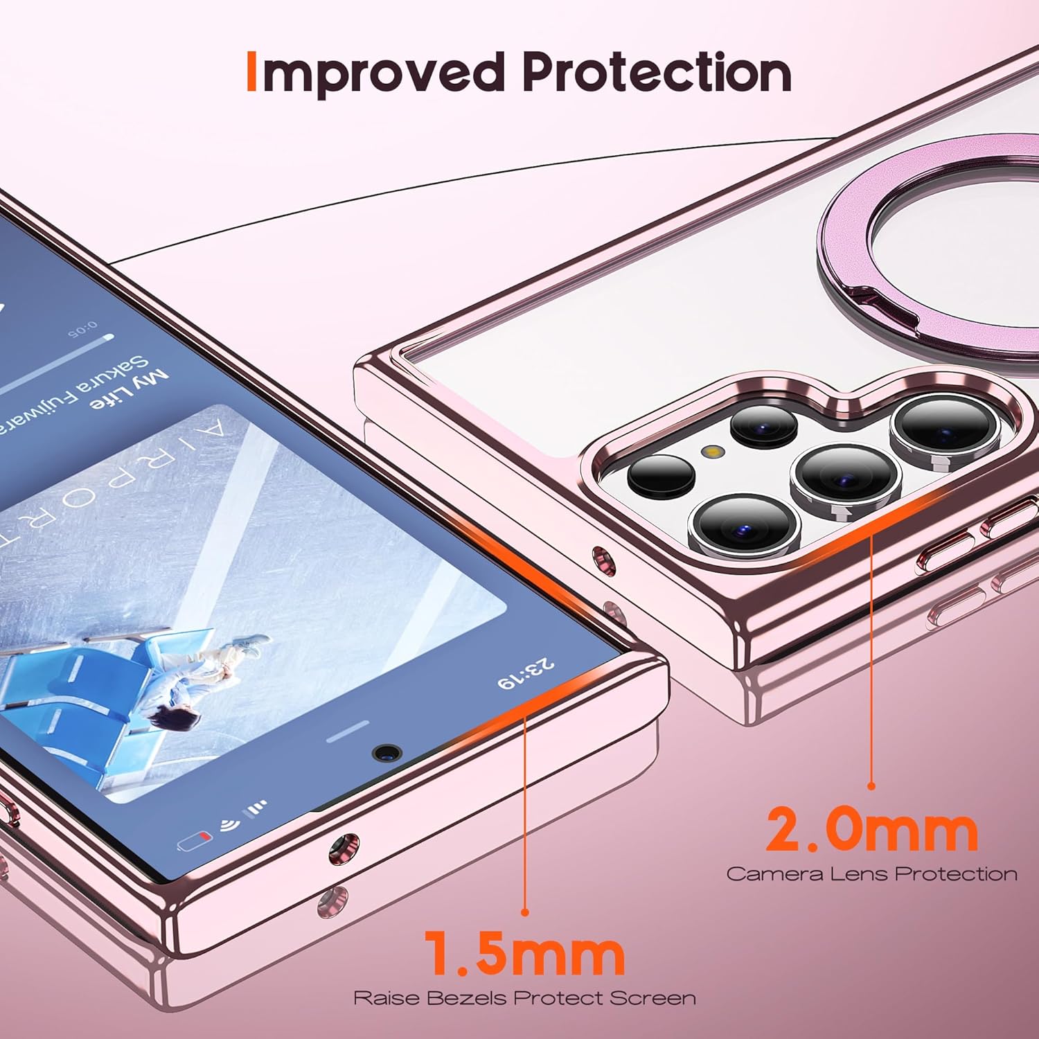 Compatible with Samsung Galaxy S24 Ultra Case with 360° Rotatable Invisible Ring Stand, Compatible with Mag-Safe, Great Grip Feeling Plating Clear Phone Case for Women Men, Rose Gold