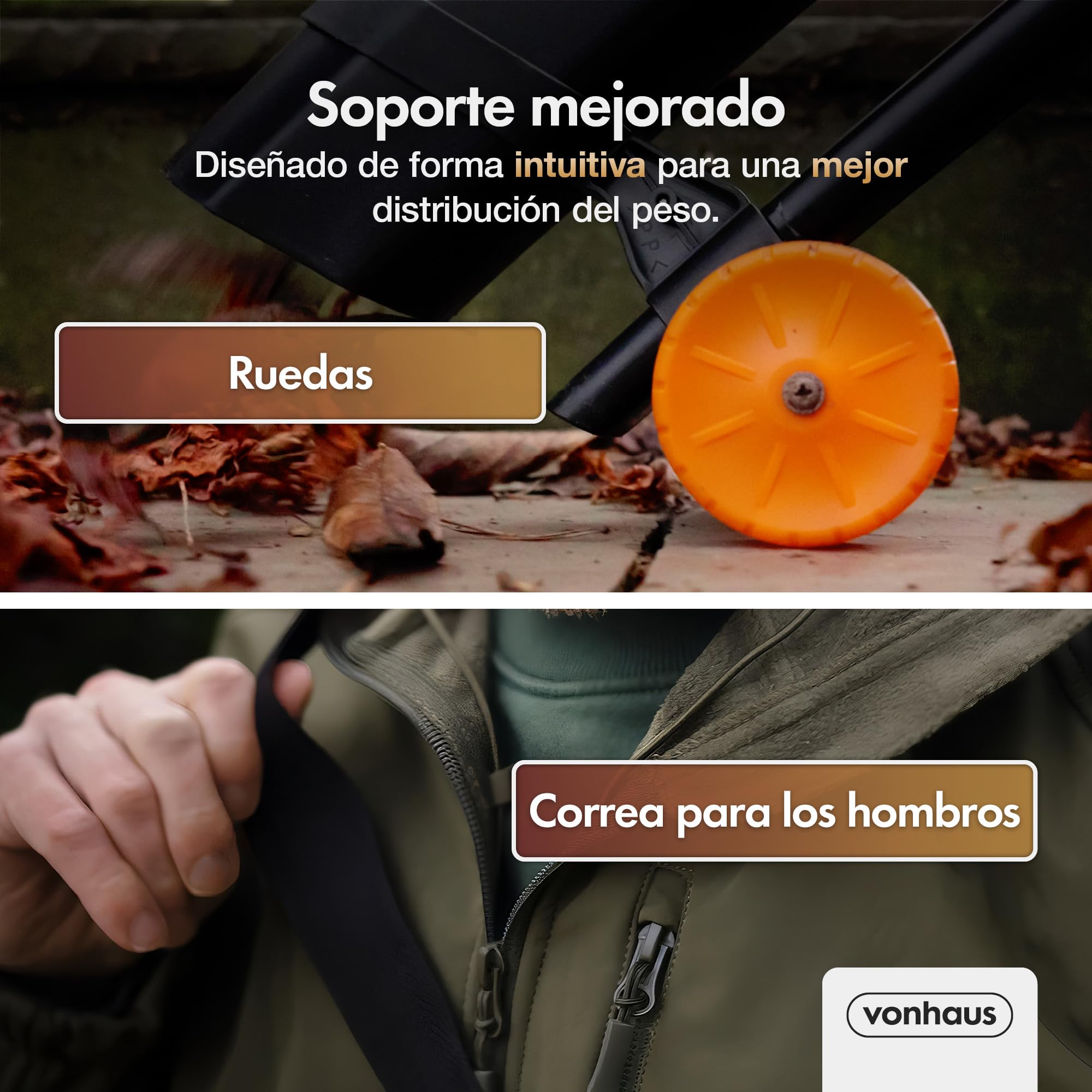 VonHaus Soplador Aspirador de Hojas Ligero de 3000W – Sopladora Aspiradora de Hojas de Jardín, Patio, Canalones, Caminos y Más, Correa de Hombro, Ruedas, Bolsa de Recogida de 35L 10:1 (Negro) - 5