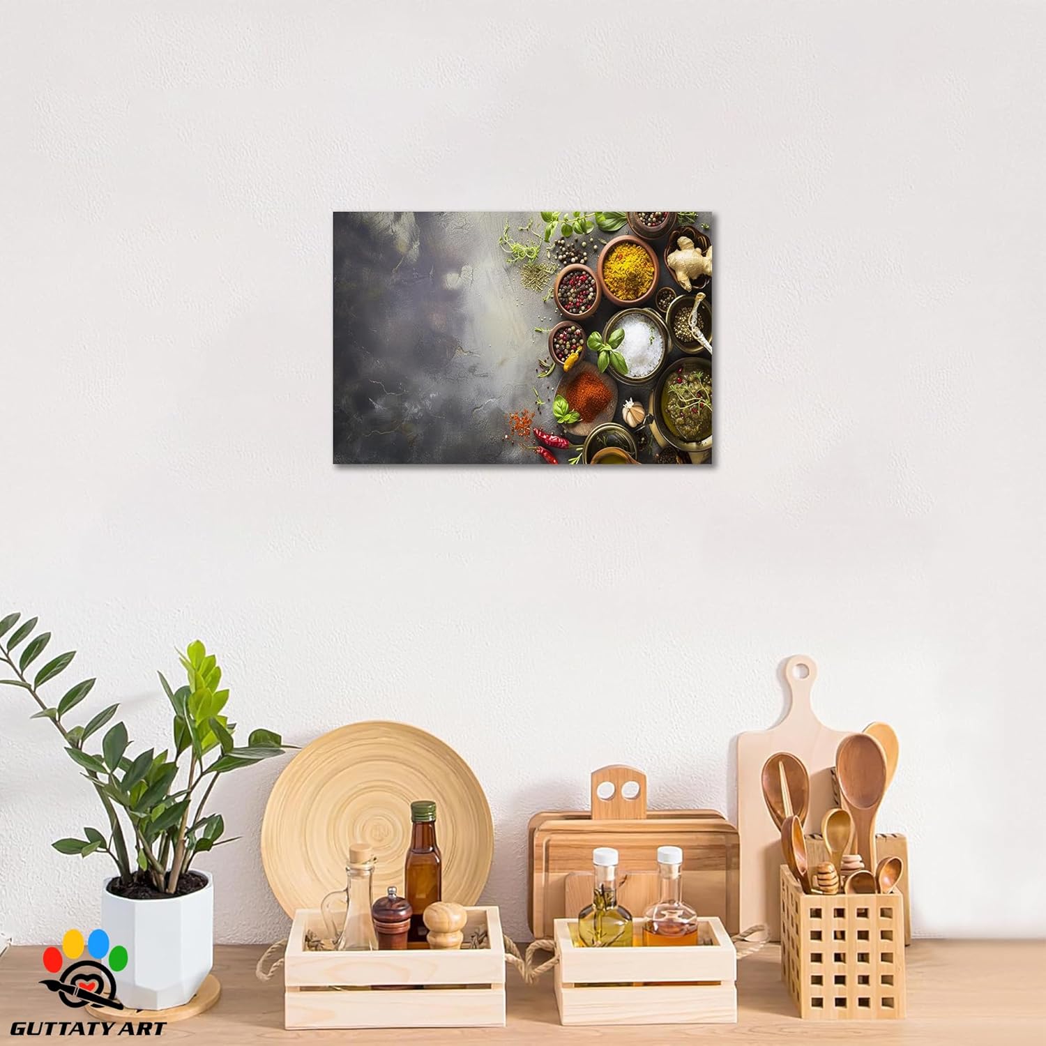 GUTTATY Colorful Spice Wall Art, Spices Seasoning Spoon Painting Picture, Spices Home Decor Dining Room, Vintage Kitchen Canvas Prints for Dining Room, Restaurant Ready to Hang 12x18 Inch
