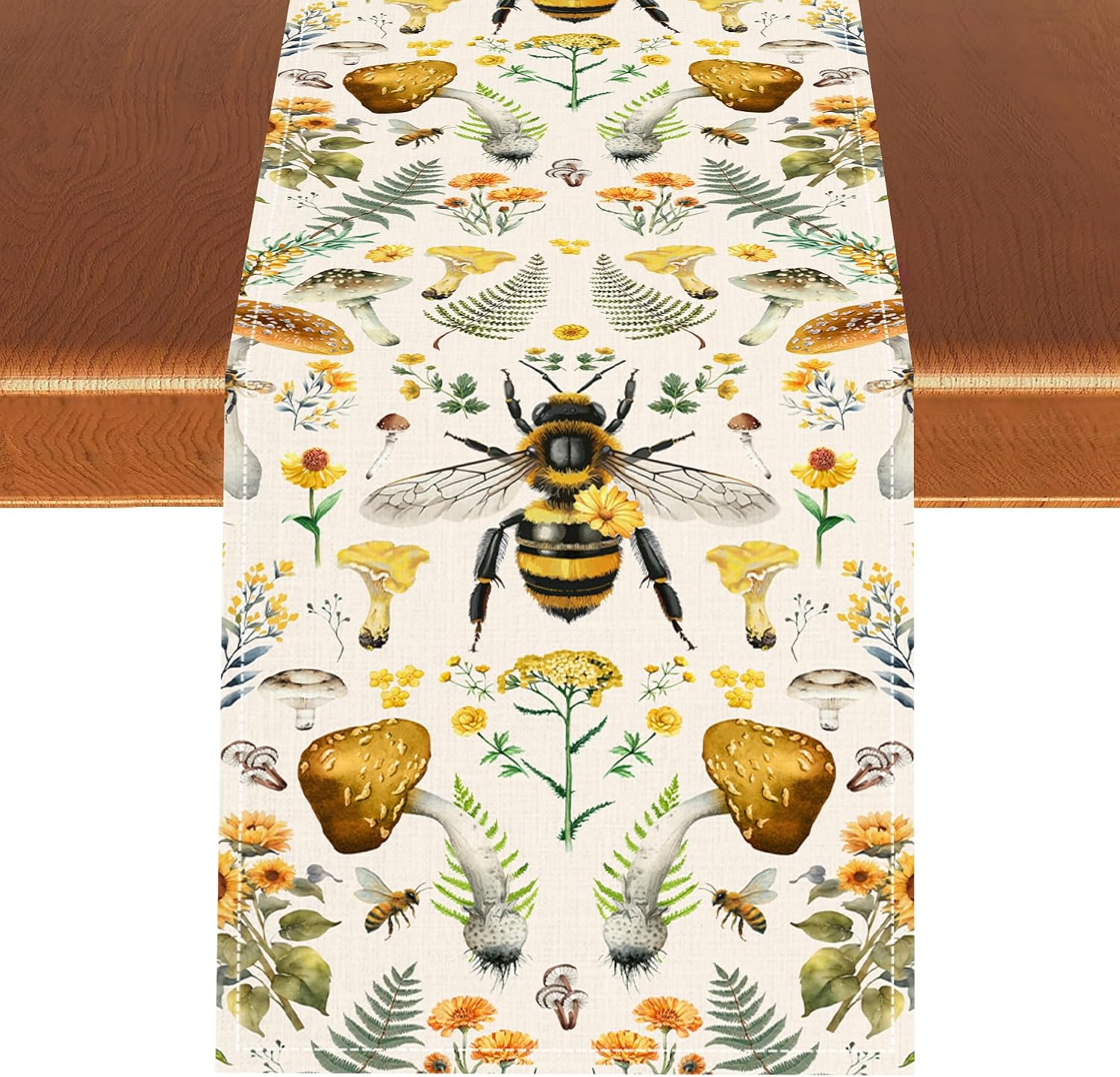 Mushroom Floral Bee Table Runner, Farmhouse Wildflower Spring Summer Boho Floral Rustic Coffee Kitchen Dining Plant Decor for Wedding Party Indoor Outdoor Home Decoration Supply 13x36 inches