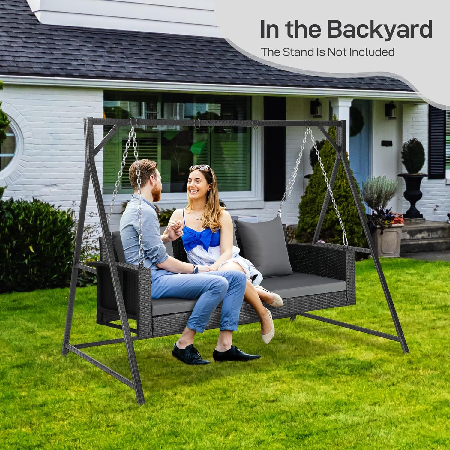 Outvita Porch Swing, 5FT Hanging Outdoor Porch Swings for Adults, Wicker 3 Person Patio Swing, with Cushion, Pillow and Chain for Garden, Backyard, Weight Capacity - 1000lbs