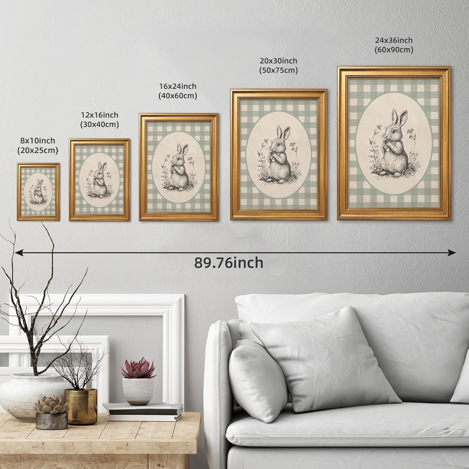 Gold Framed Vintage Easter Bunny Canvas Wall Art Black White Rabbit Sketch Print Drawing Poster Bunny and Spring Flowers Painting Neutral Cute Woodland Animal Picture for Baby Bedroom 16x24inch