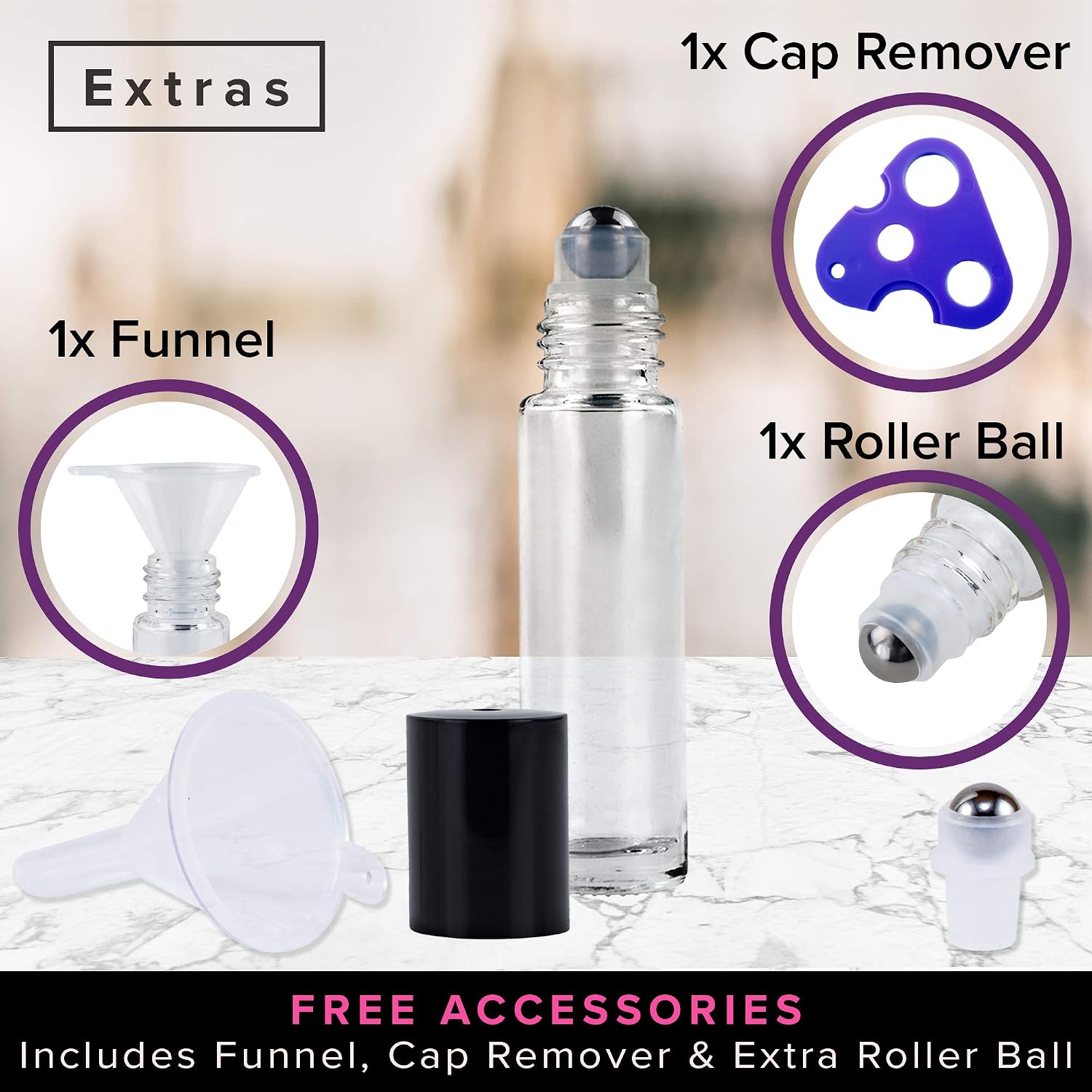 MP Essential Oil Roller Bottles Set with Stainless Steel Balls, 8 Pack 10ml Clear Leakproof Glass Bottle with 8 Rollerballs for Perfume & Aromatherapy Oils - Roller Bottle Opener & 192 Labels