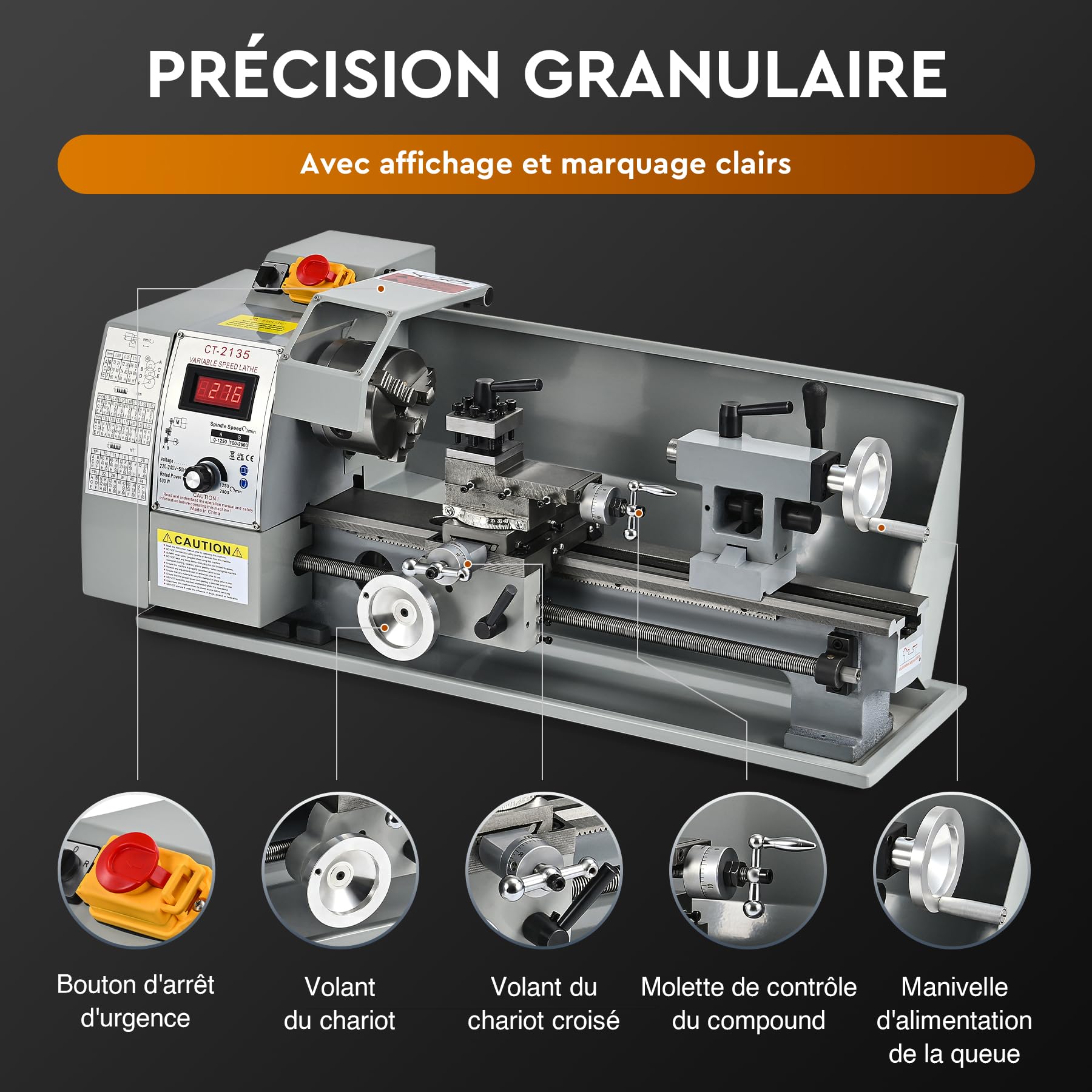 CREWORKS 600W Mini Tour à Métaux d'Établi 21x35 CM avec Mandrin à 3 Mâchoires Vitesse de Broche Max. 2250 tr/min Réglage Progressif pour Filetage Tournage Filetage