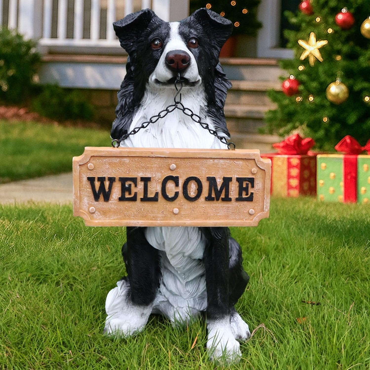 Outdoor Akita Inu Dog Statue Greeter Solar Lantern Dog Welcome Sign Garden Decor – Realistic Puppy Sculpture with Interchangeable Welcome Plate & LED Light for Yard Porch Housewarming Gift