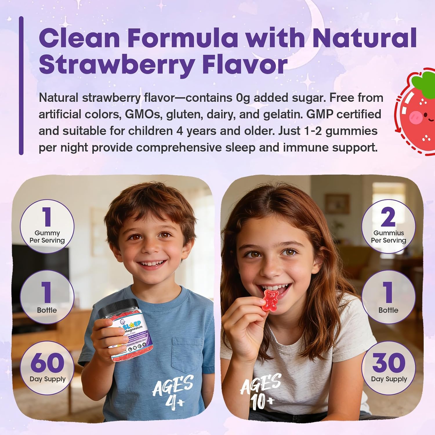 Kids Sleep Gummies, NO Melatonin Sleep Aid Gummies w/ Magnesium Glycinate, Calcium Citrate, L-Theanine, GABA, Vitamin D3 K2 B6 Zinc, Chamomile & Lemon Balm for Zzz & Relax, Brain, Bone, Non-GMO 1Pack