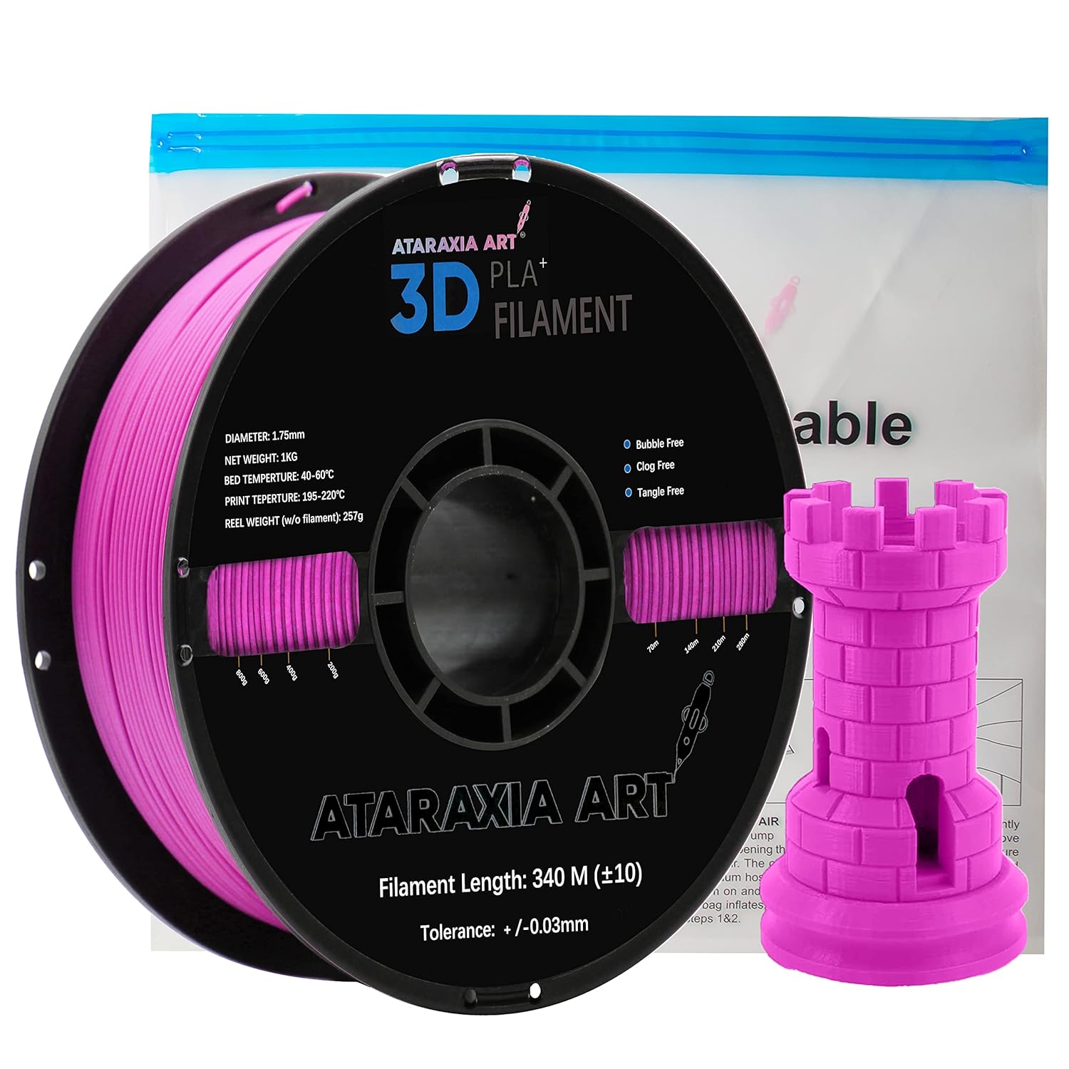 Ataraxia Art’s PLA Filament 1.75mm with Resealable Vacuum Storage Bag. Exact