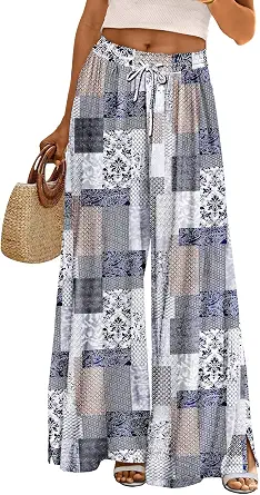  Women Summer Flowy Wide Leg Pants Drawstring Elastic Waist Casual Lounge Beach Palazzo Trouser with Pockets PPR