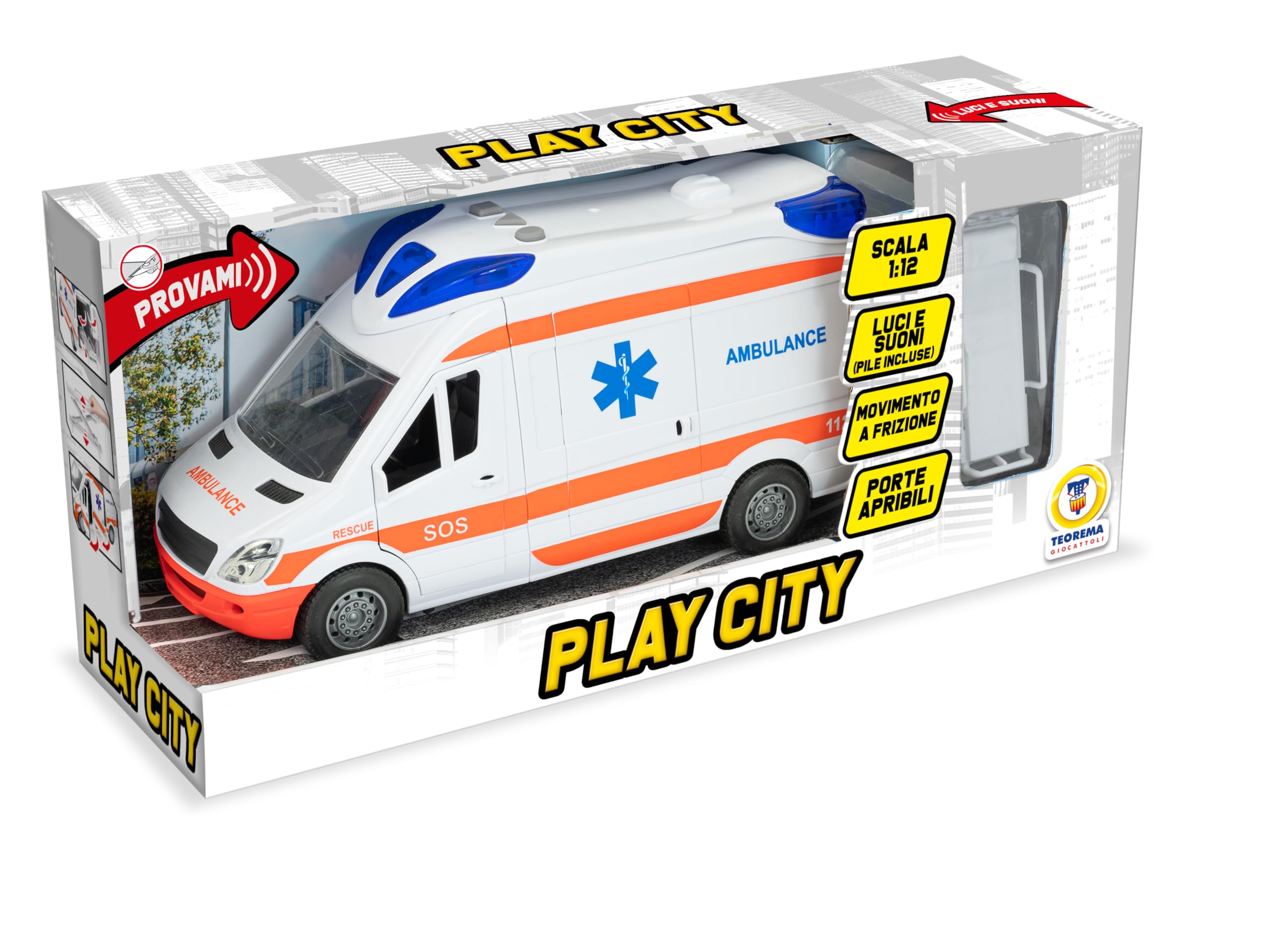 Teorema – Ambulancia Play City Escala 1:12, Juguete de Primeros Auxilios para niños, vehículo de Emergencia con Luces, Sonidos y Camilla Ajustable