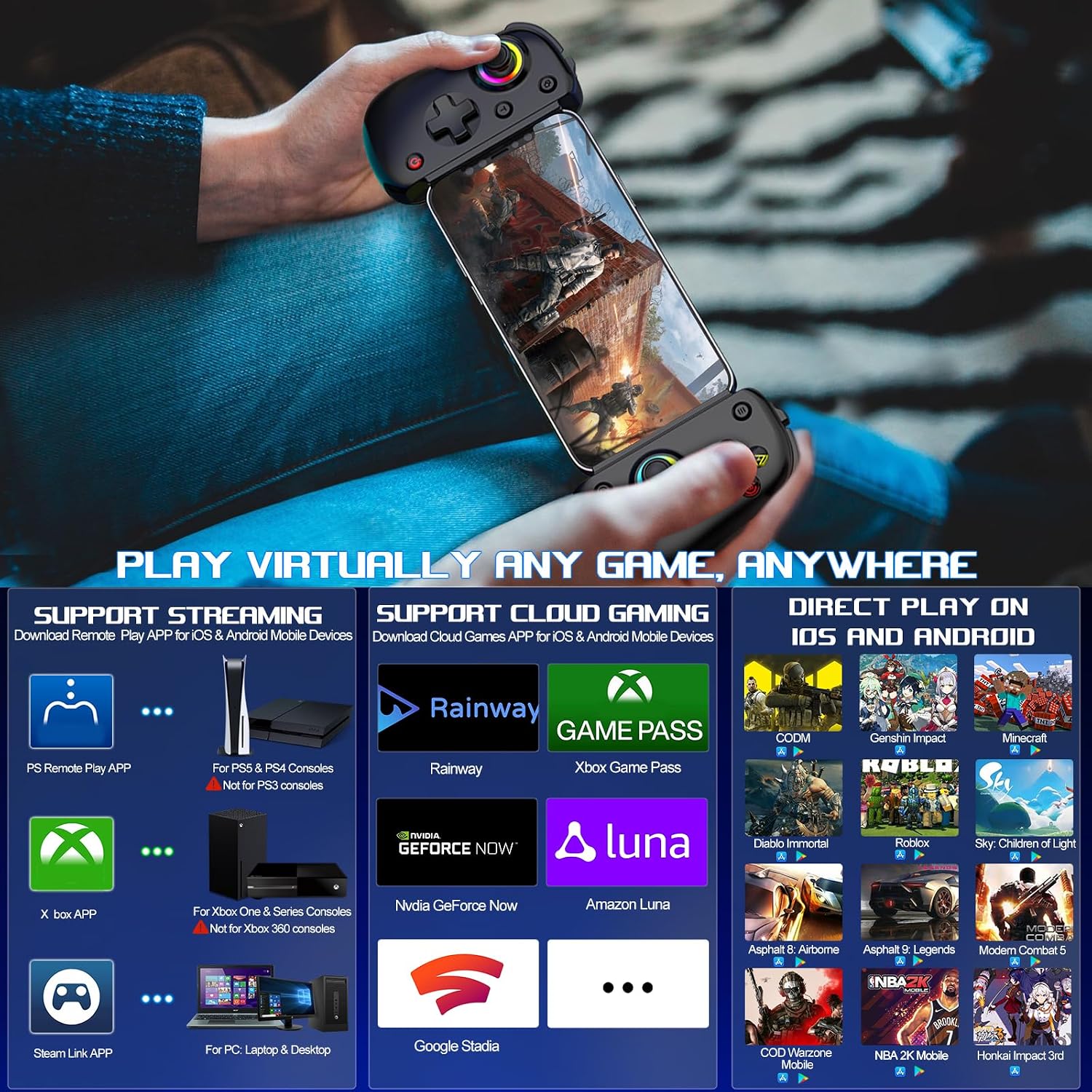 arVin Wireless Gamepad Controller for iPad Pro 13"/Air/Mini/Tablet/iPhone/Android/Switch/PS4/PC with Hall Effect Sensing Joystick/RGB Light/Turbo/Macro Key/6-Axis Gyro/Vibration/Streaming/Cloud Gaming image 2
