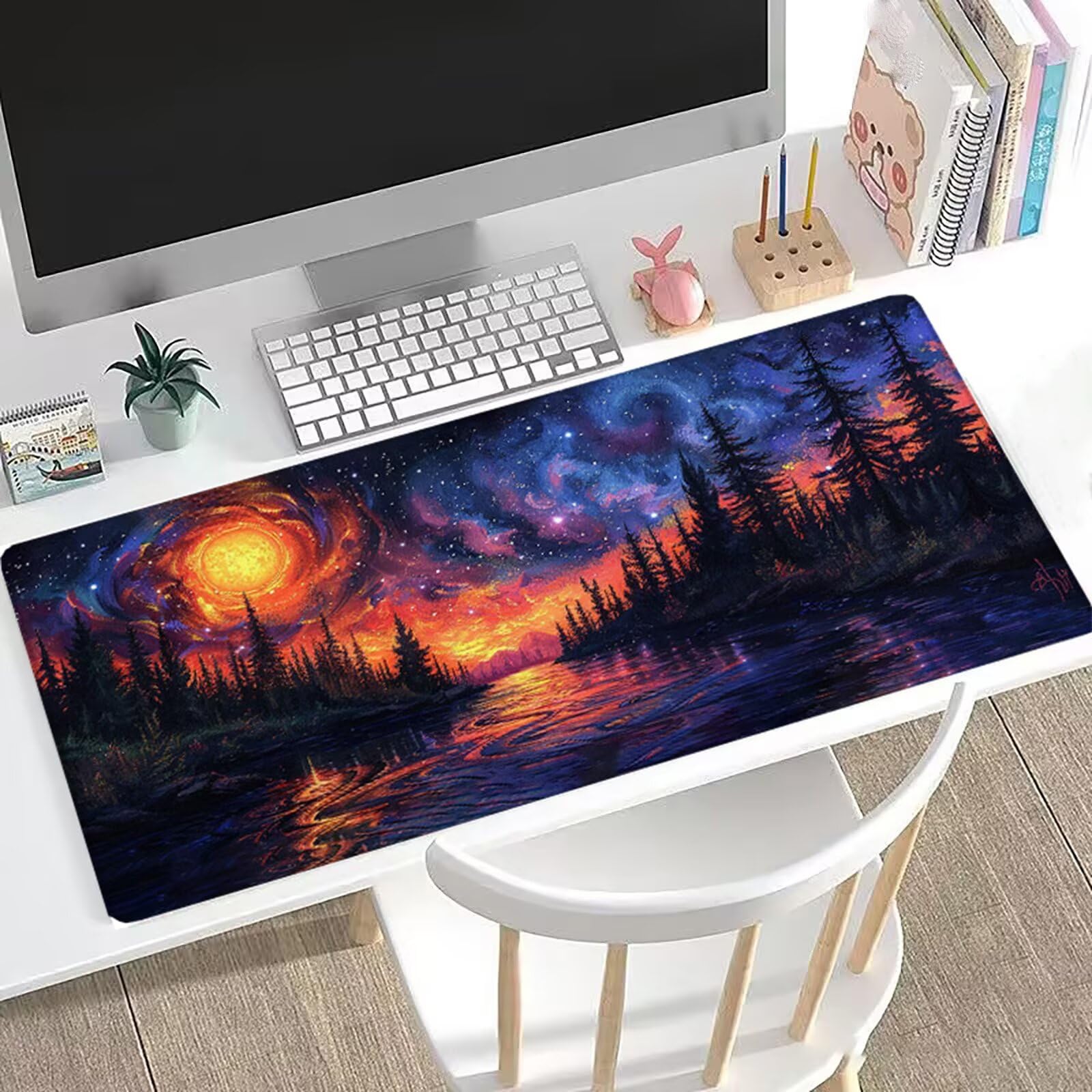 Podkładka pod mysz XXL 1500 x 800 x 3 mm gwiaździste niebo duża podkładka pod mysz do gier jezioro, mata na biurko ze zszytymi krawędziami, antypoślizgowa mata komputerowa, podkładka pod mysz do pracy