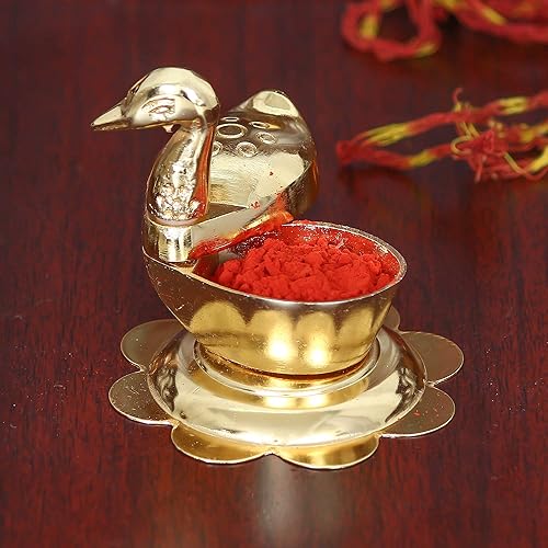 Miniatura 4 de Roli-Chandan de zinc, Chawal-Akshat-Haldi - Caja de Kumkum con pato y pájaro cariñoso, pieza de exhibición Chopda para Pooja (2.6 in, dorado)