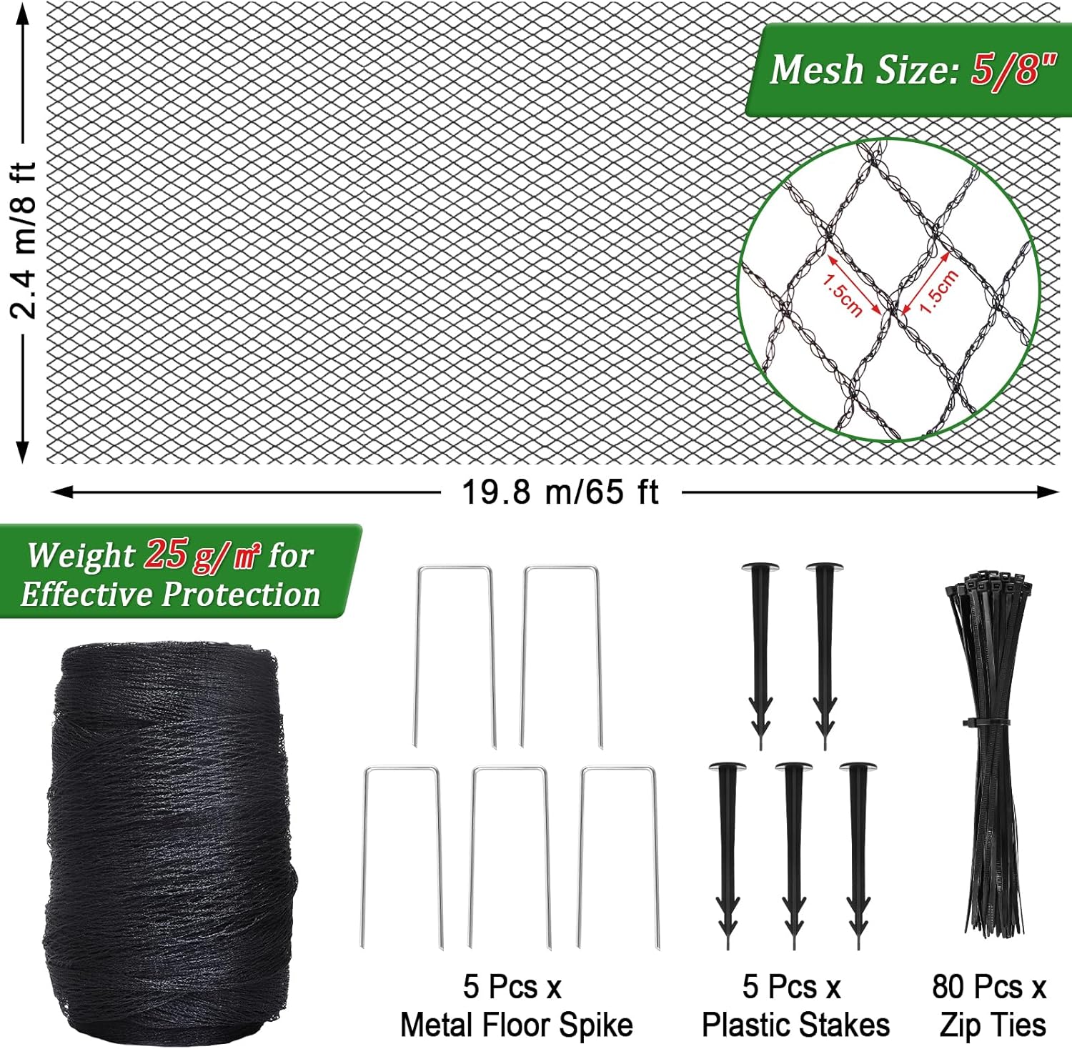 Bird Netting for Garden,8 X 65 Ft Reusable Protective Garden Netting Cover for Plants Fruit Trees Vegetables, 5/8in Mesh Heavy Duty Poultry Fence Animal Barrier with Ties and Staples