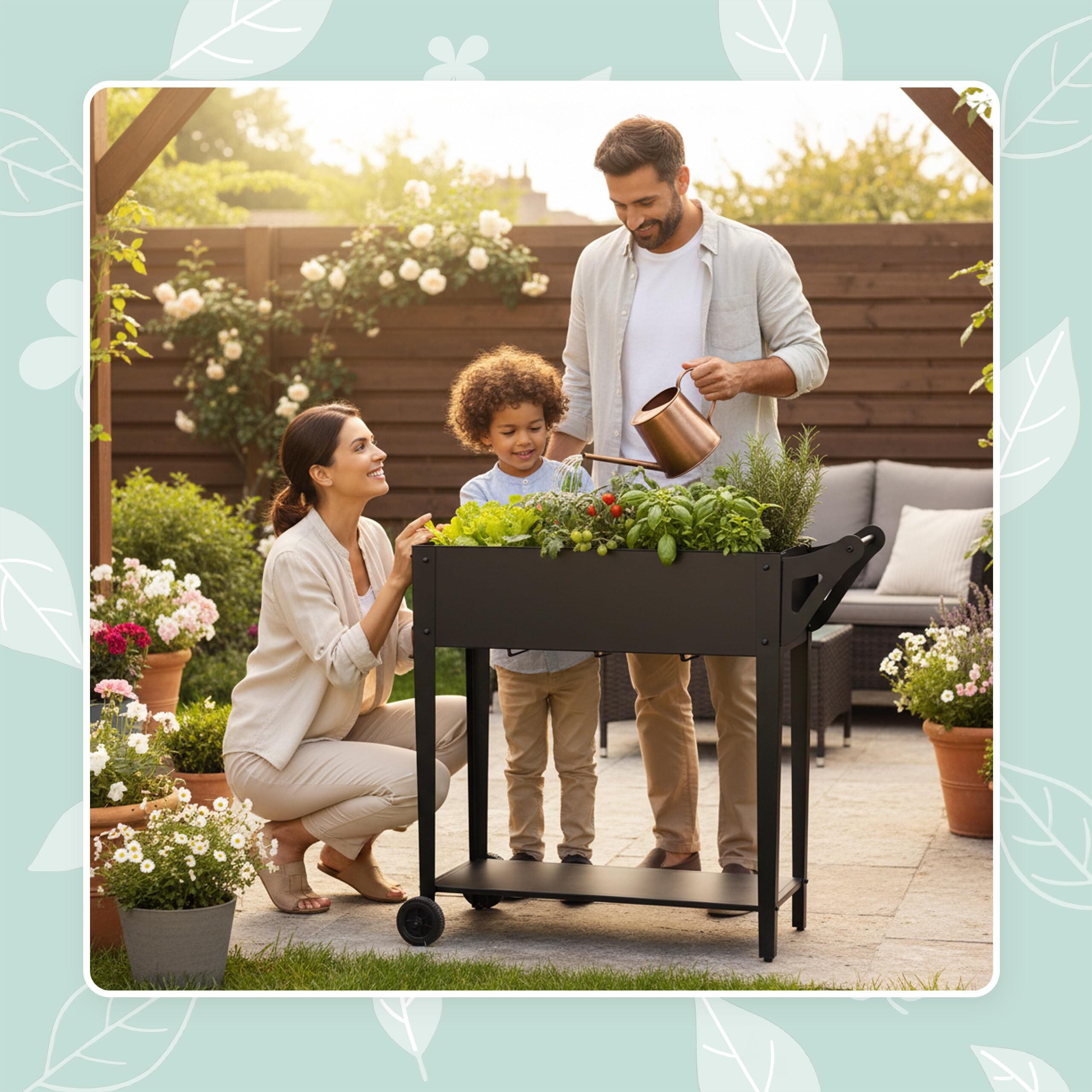 Relaxdays Jardinera elevada con Estante, 2 Ruedas, jardín, balcón y terraza, 80 x 85 x 50 cm, Jardinera móvil, Negro