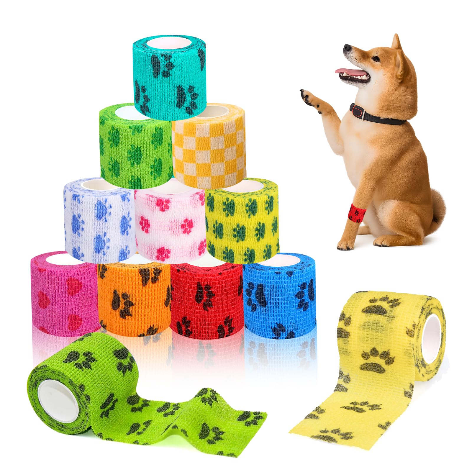 Benda Elastica Autoadesiva, Vet Wrap, Bendaggio Autoadesivo per Cane Gatto Cavallo, 12 Pezzi