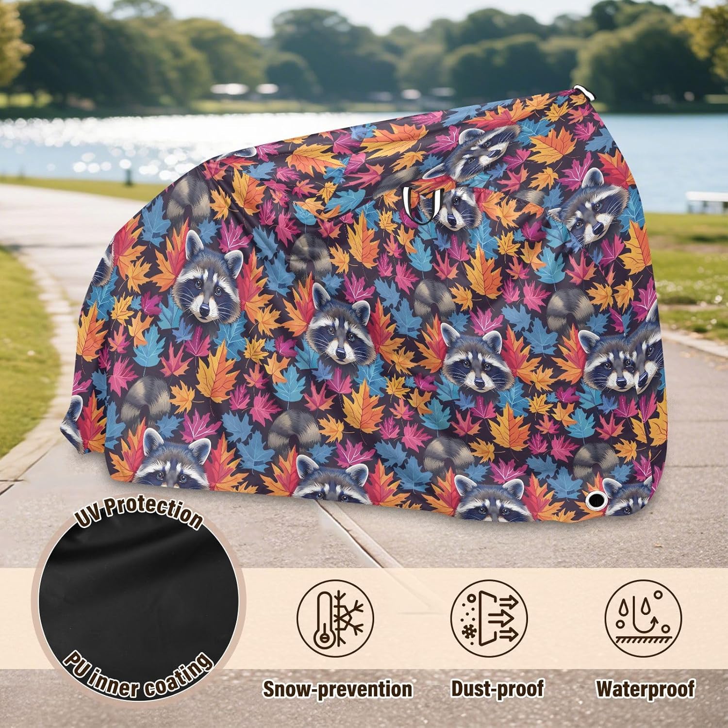 ALAZA Raccoon Maple Leaves Rainbow Color Bike Cover Waterproof Outdoor Ebike Bicycle Covers Tarp Protection for 1/2 Bikes, Sun UV Dust Wind Proof