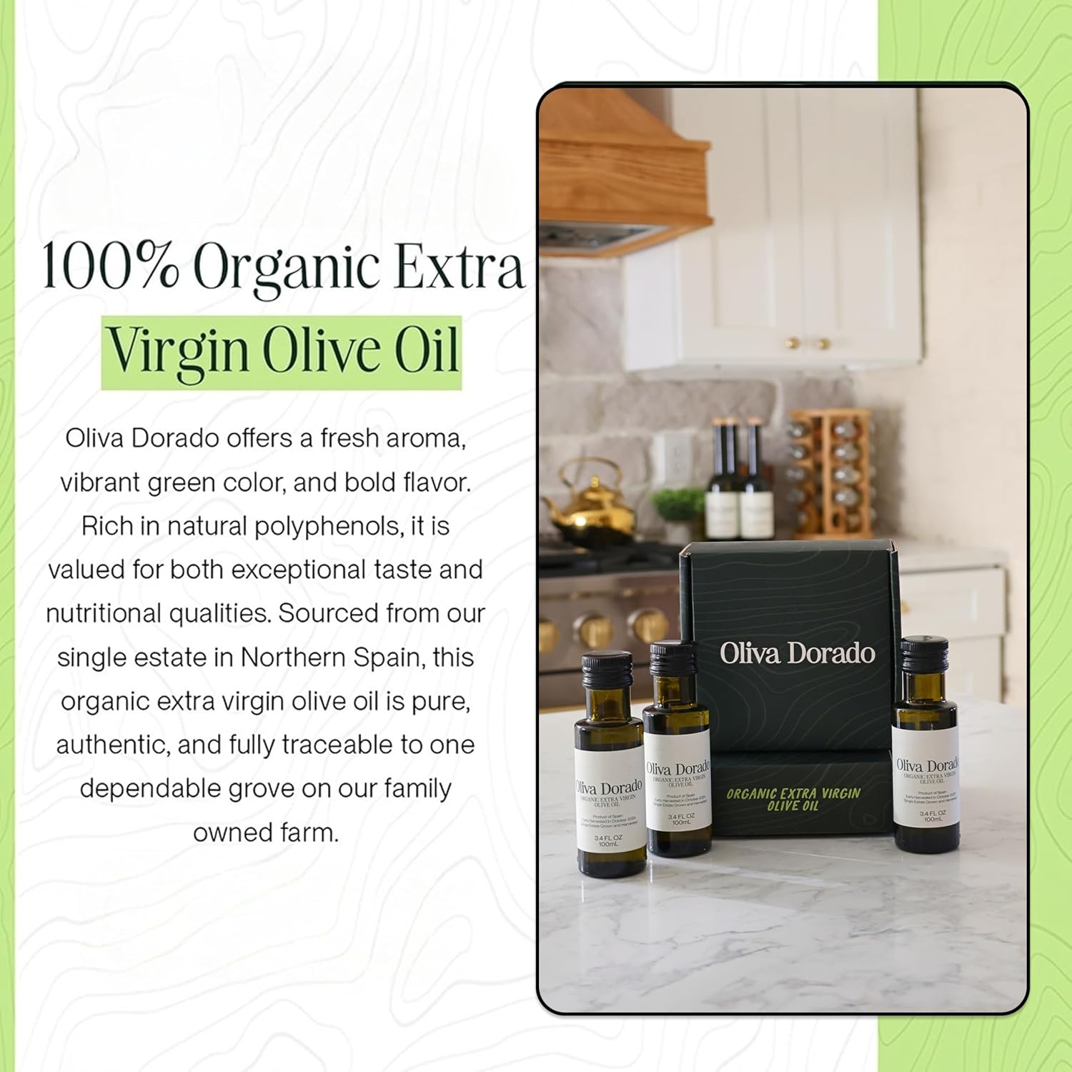 Oliva Dorado Glass Mini Olive Oil Bottles (100mL, 3-Pack), 100% Unrefined & Cold Pressed Organic Extra Virgin Olive Oil from Spain, Single Origin, Early Harvest, Polyphenol Rich Arbequina Olives, EVOO Gourmet Gift Set (3-Pack)