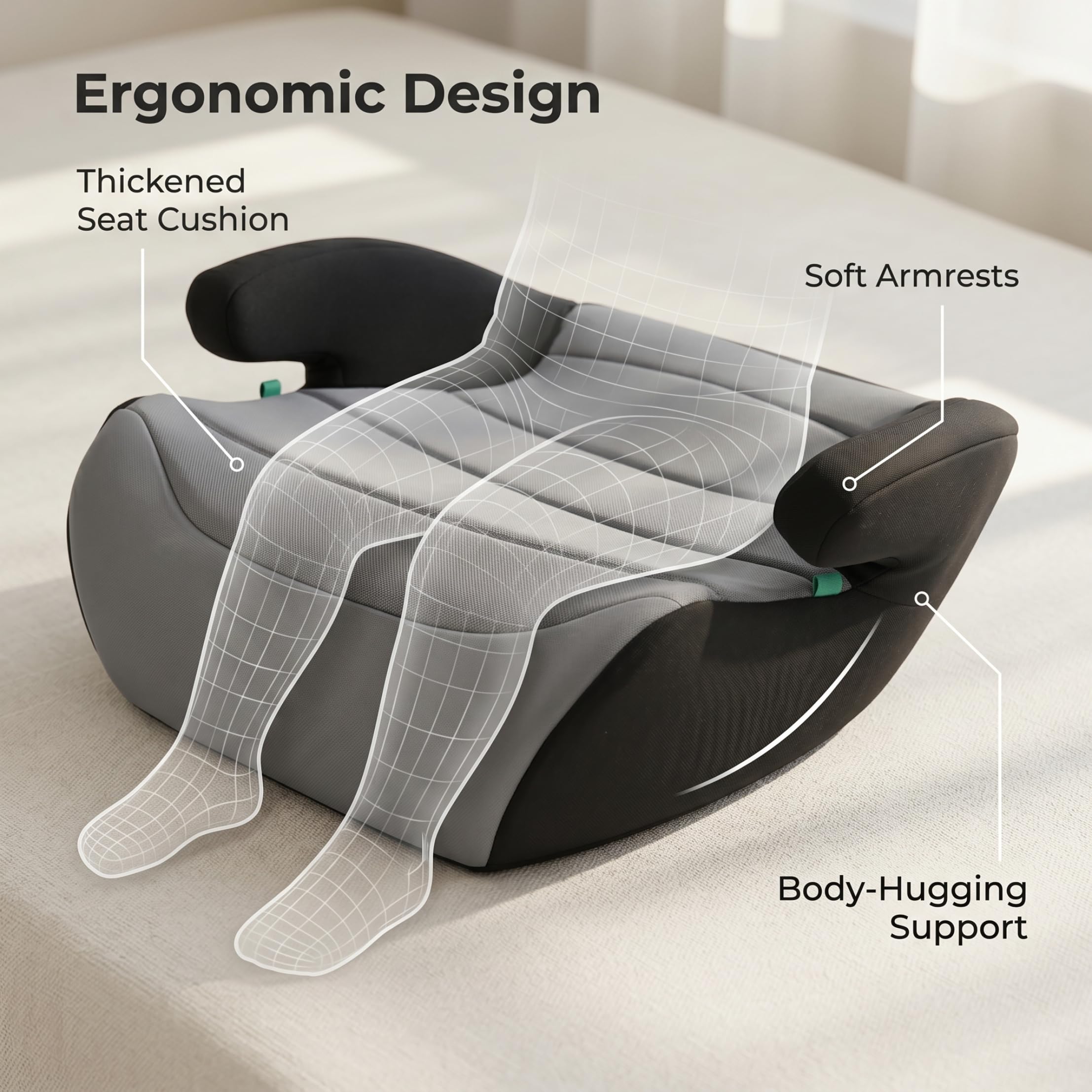 Seggiolino auto rialzato ergonomico grigio 15x14x7 pollici per bambini dai 4 ai 7 anni