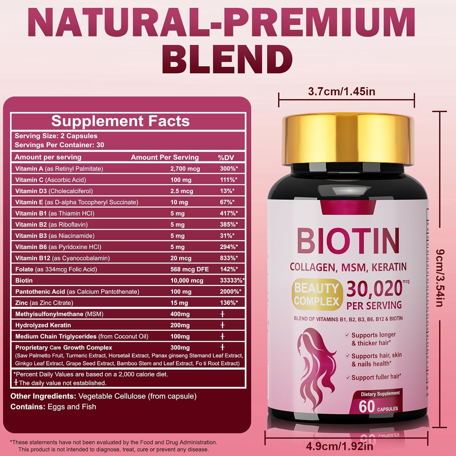 Biotin Supplement for Hair, Skin and Nails, 25-in-1 with Keratin, MSM, Zinc, Herbal Extracts, Nutritional Support for Hair Wellness for Women and Men, 60 Capsules Dietary Supplement