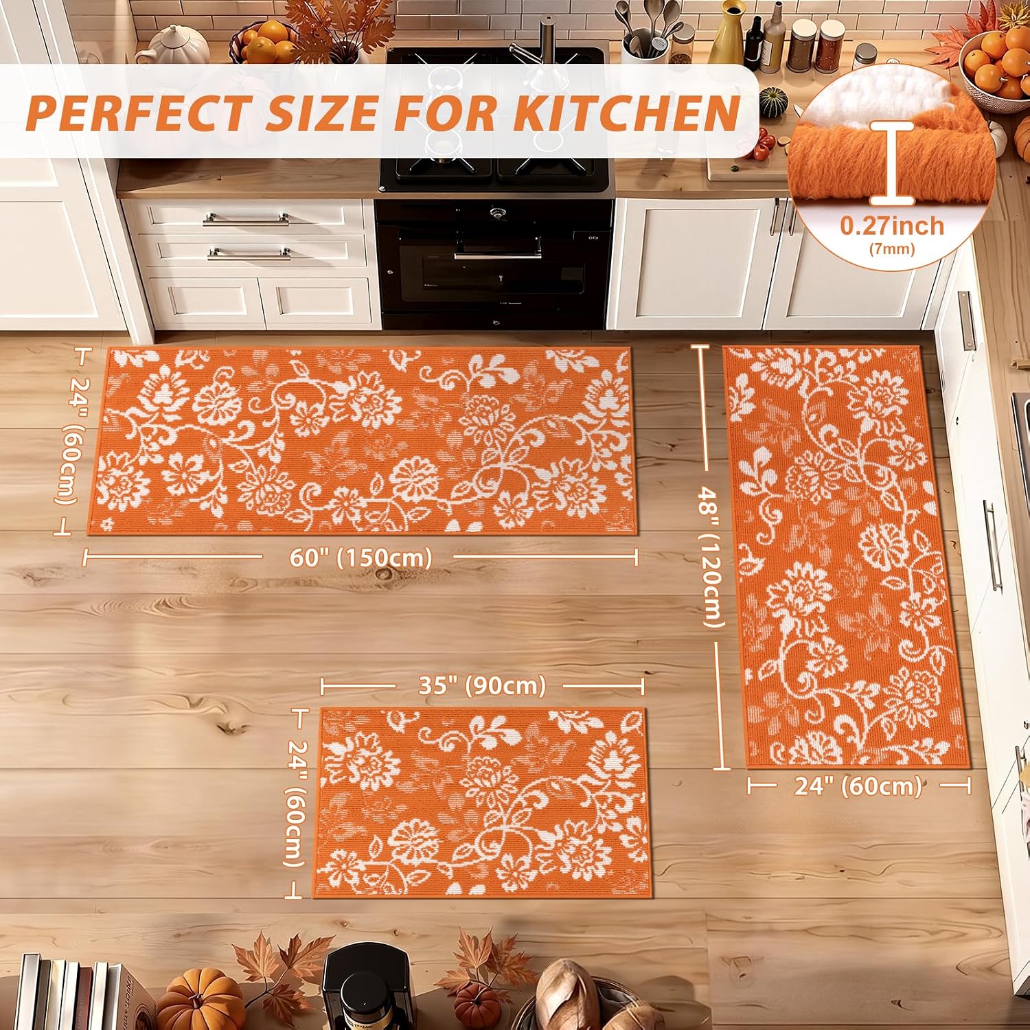 LOKHOM Fall Kitchen Rugs Sets of 3, Non Slip Orange Kitchen Mats for Floor | High-Low Textured Kitchen Rug Set with Rubber Backing, Paisley Floral Washable Carpet Runner for Hallway Sink(Orange & White)