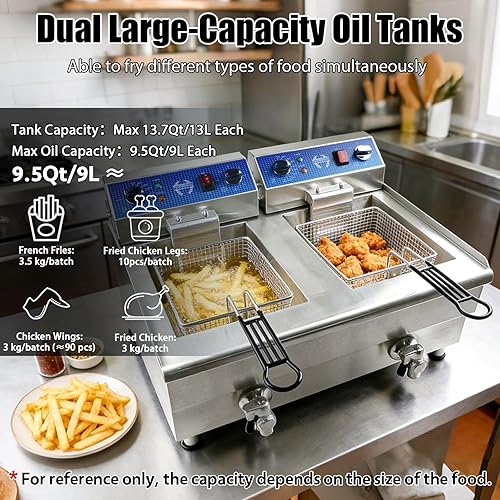 Miniatura 2 de Freidora comercial de 26L27.4QT con filtración de aceite y temporizador, freidora eléctrica de 120 V con 2 cestas y tapas, freidora comercial de