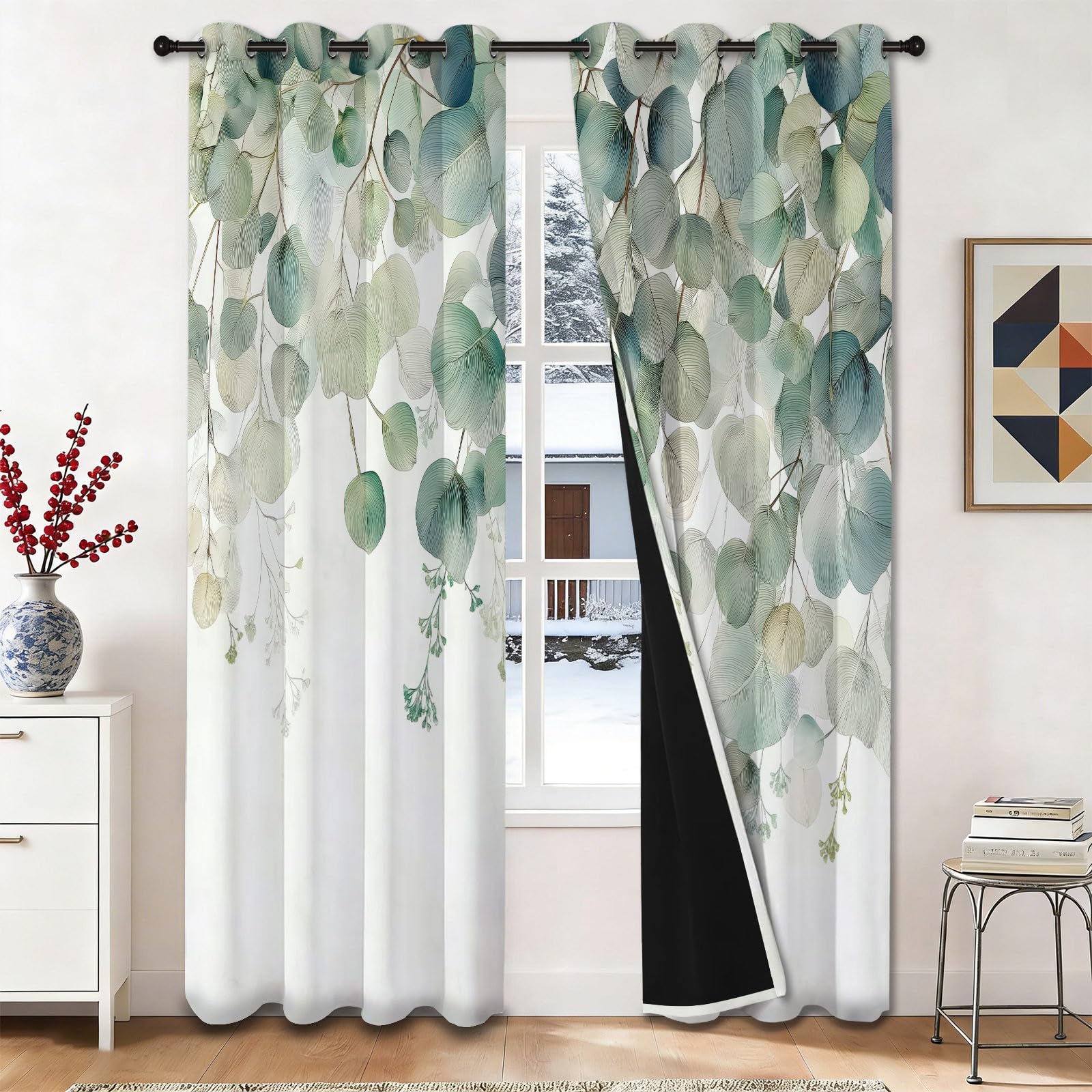 Rideau occultant thermique à oeillets 140x260cm | Grand rideau imprimé feuilles et plantes