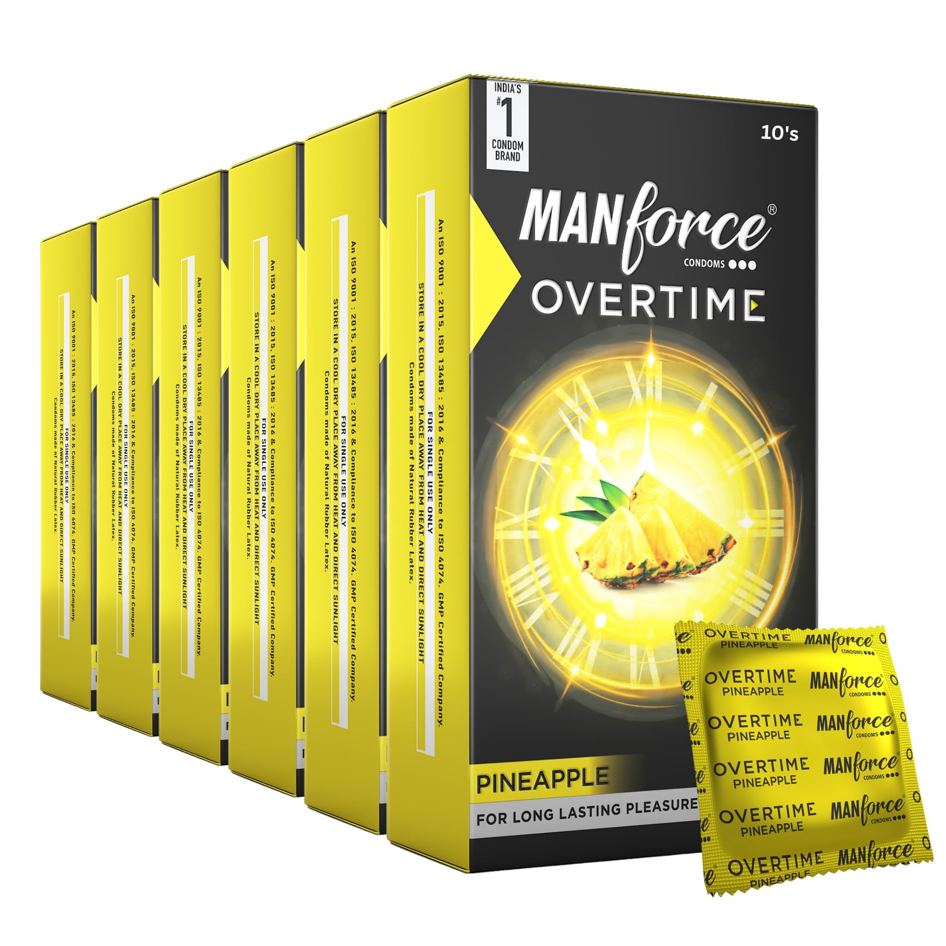 Manforce Overtime Pineapple Flavoured Condoms for Men| 3-in-1 Ribbed, Contoured, & Dotted for Extra Stimulation| Long-Lasting Pleasure | Lubricated Latex Condoms 10 Pcs x Pack of 6-image-47